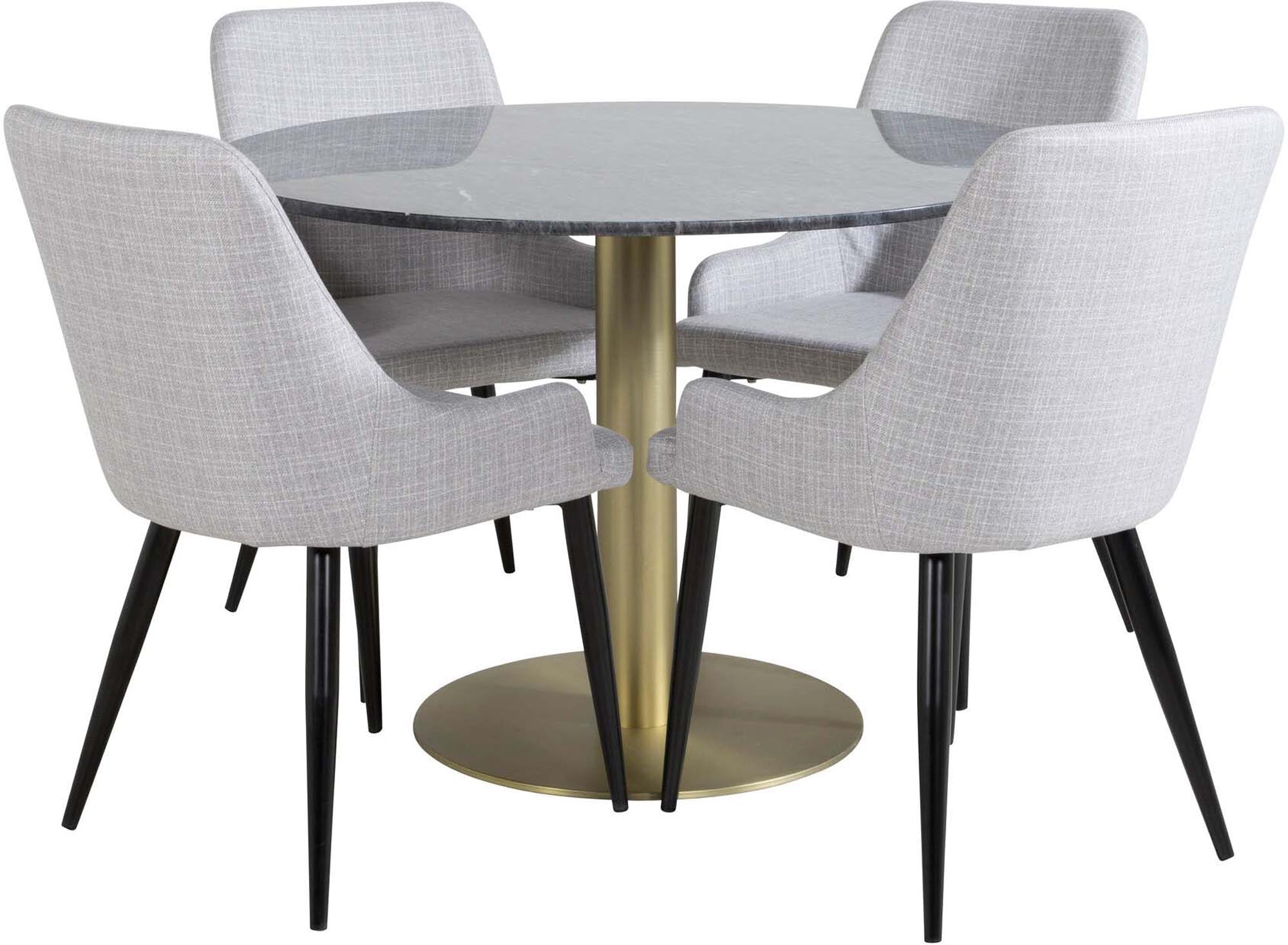 Entdecken Sie das Estelle Esszimmerset + Plaza von Venture Home: Eleganter Marmortisch und ergonomische Stühle für gesellige Abende.