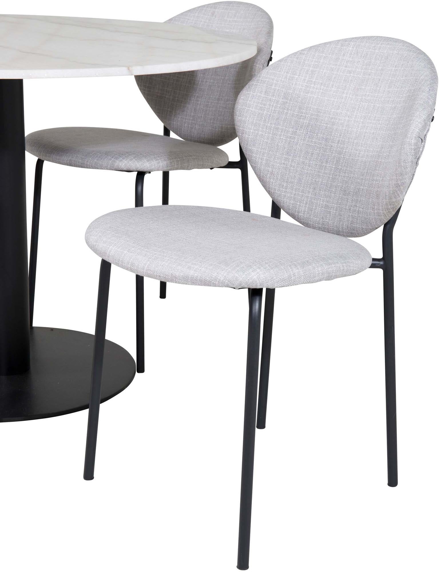 Entdecken Sie das elegante Estelle Esszimmerset von Venture Home: Ein 106 cm Marmortisch und komfortable Vault Stühle für stilvolle Essensrunden.