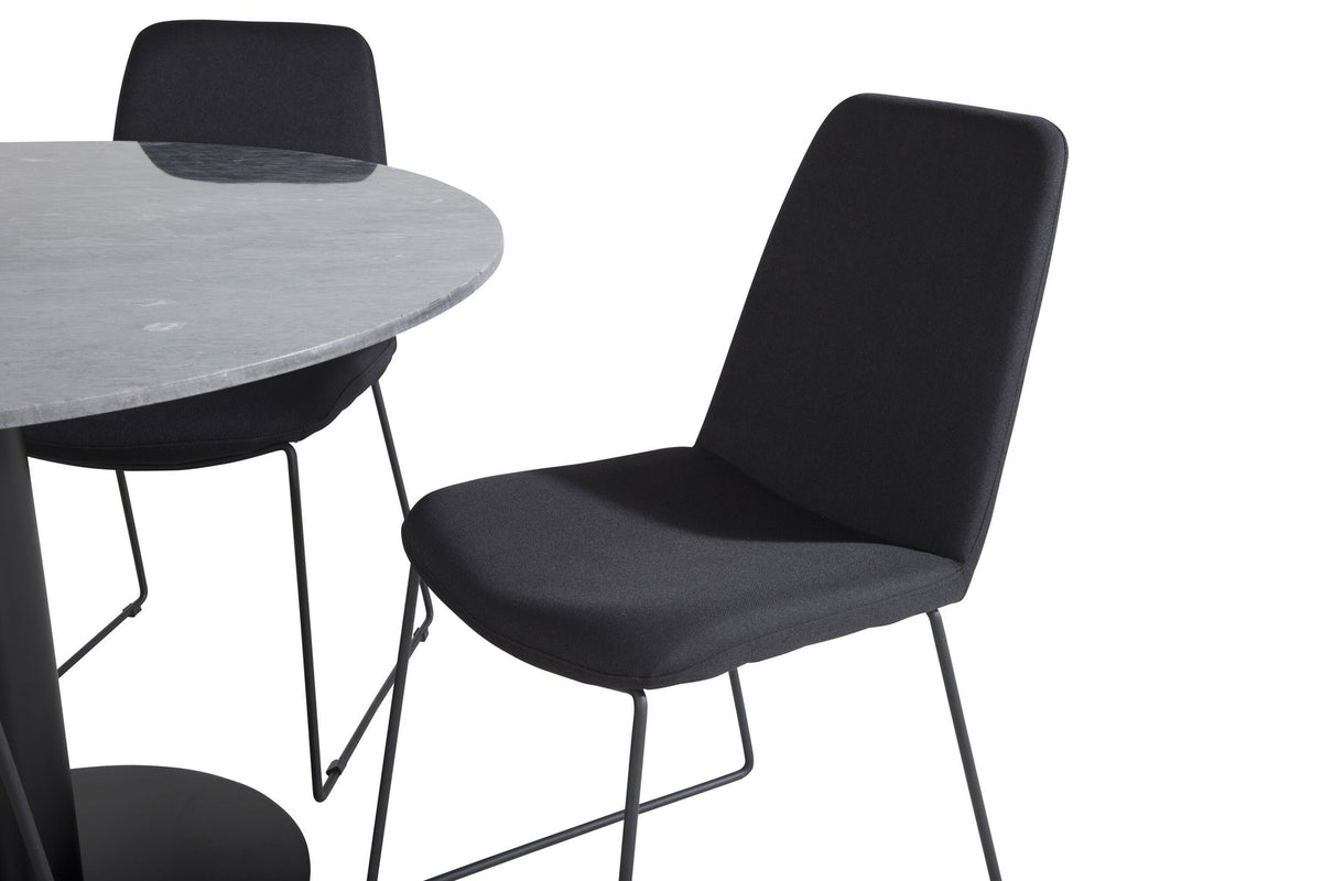 Bartischset Estelle: runder Marmor-Tisch mit Stahlgestell in Schwarz, dazu Muce-Stühle mit gepolstertem Polyesterbezug und Stahlrahmen.