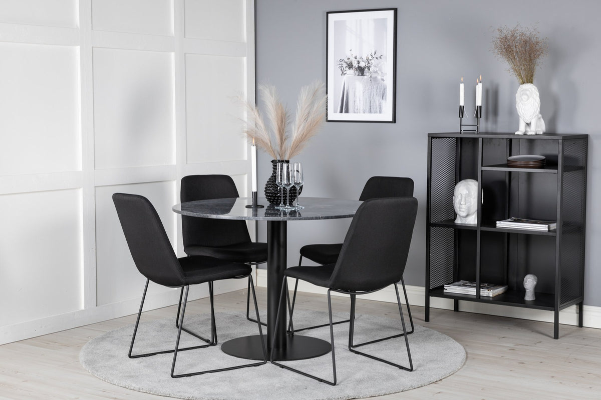 Bartischset Estelle: runder Marmor-Tisch mit Stahlgestell in Schwarz, dazu Muce-Stühle mit gepolstertem Polyesterbezug und Stahlrahmen.