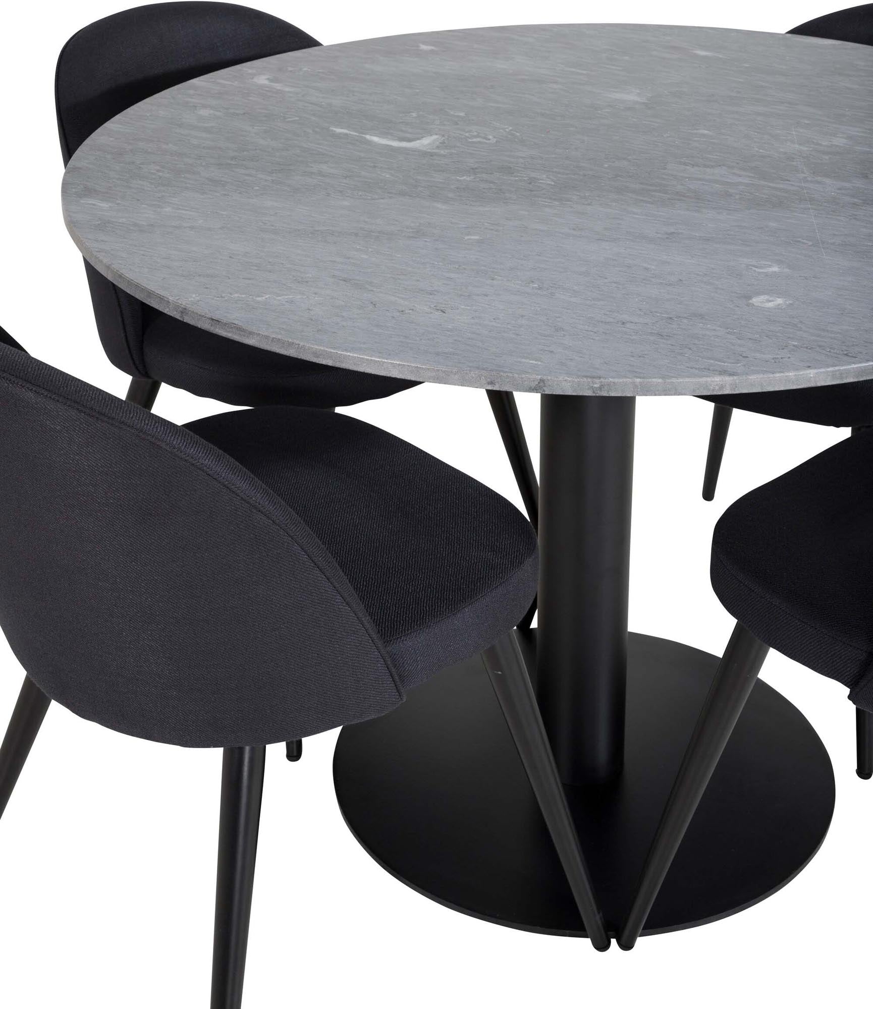 Elegantes Estelle Esszimmerset von Venture Home: runder Marmortisch und 4 komfortable Velvet-Stühle für stilvolle Esszimmer.