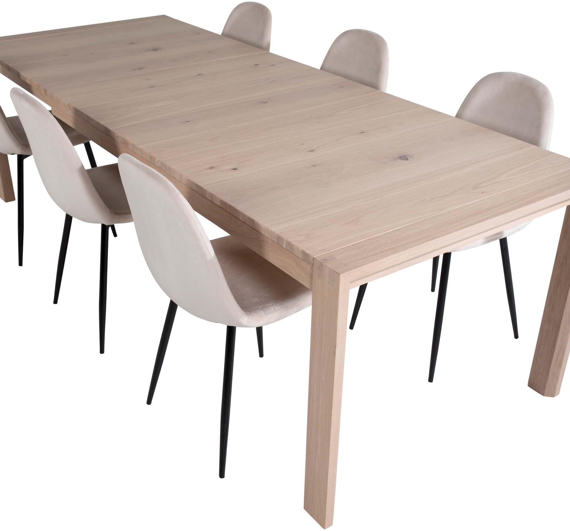 Entdecken Sie das ausziehbare Esszimmerset Slider von Venture Home: 170 cm, 6 stilvolle Samtstühle für ein elegantes Ambiente und höchsten Komfort.