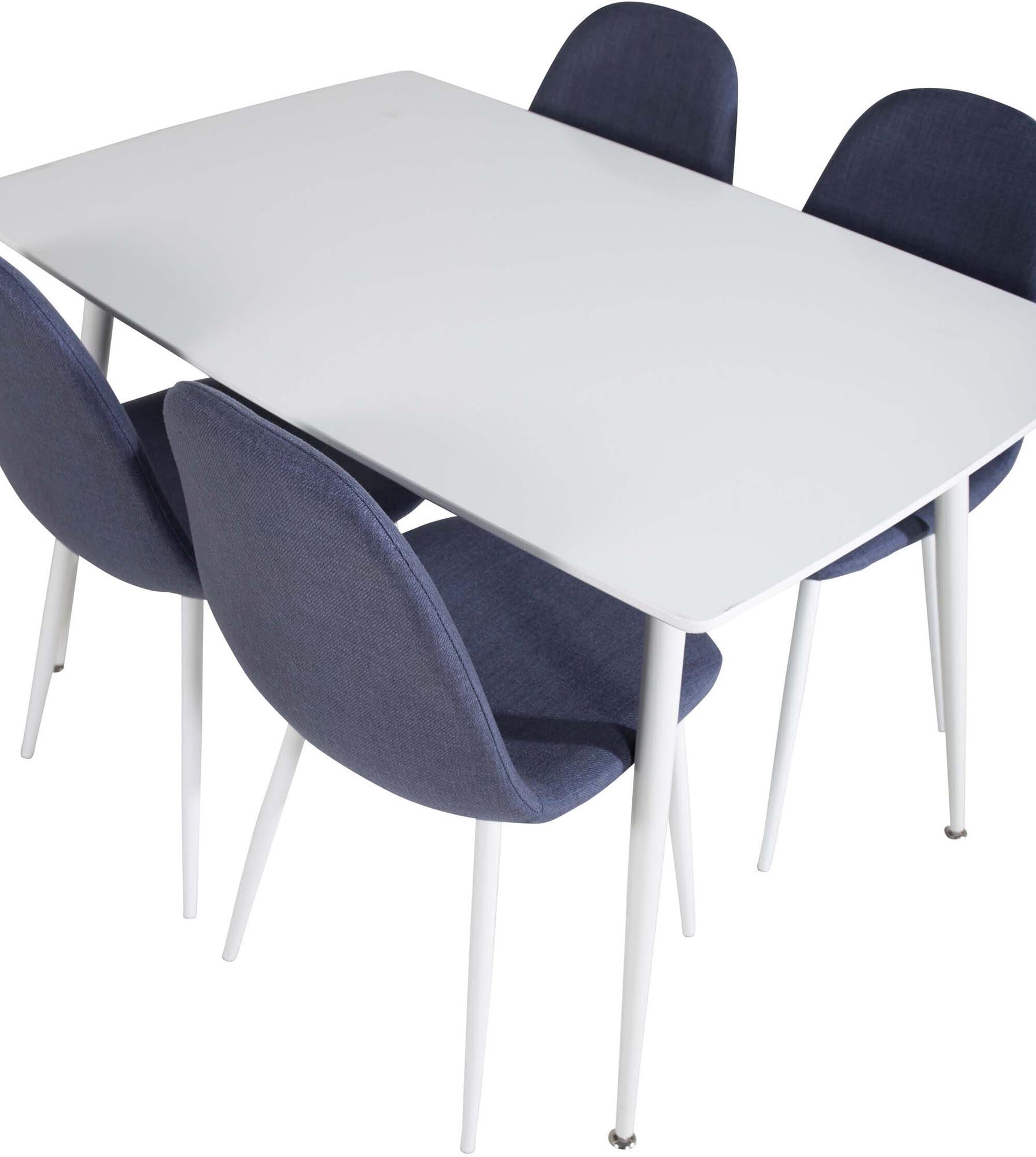 Entdecken Sie das stilvolle Polar Esszimmerset von Venture Home: Ein 120 cm großer Tisch und 4 ergonomische Stühle, ideal für gesellige Abende.