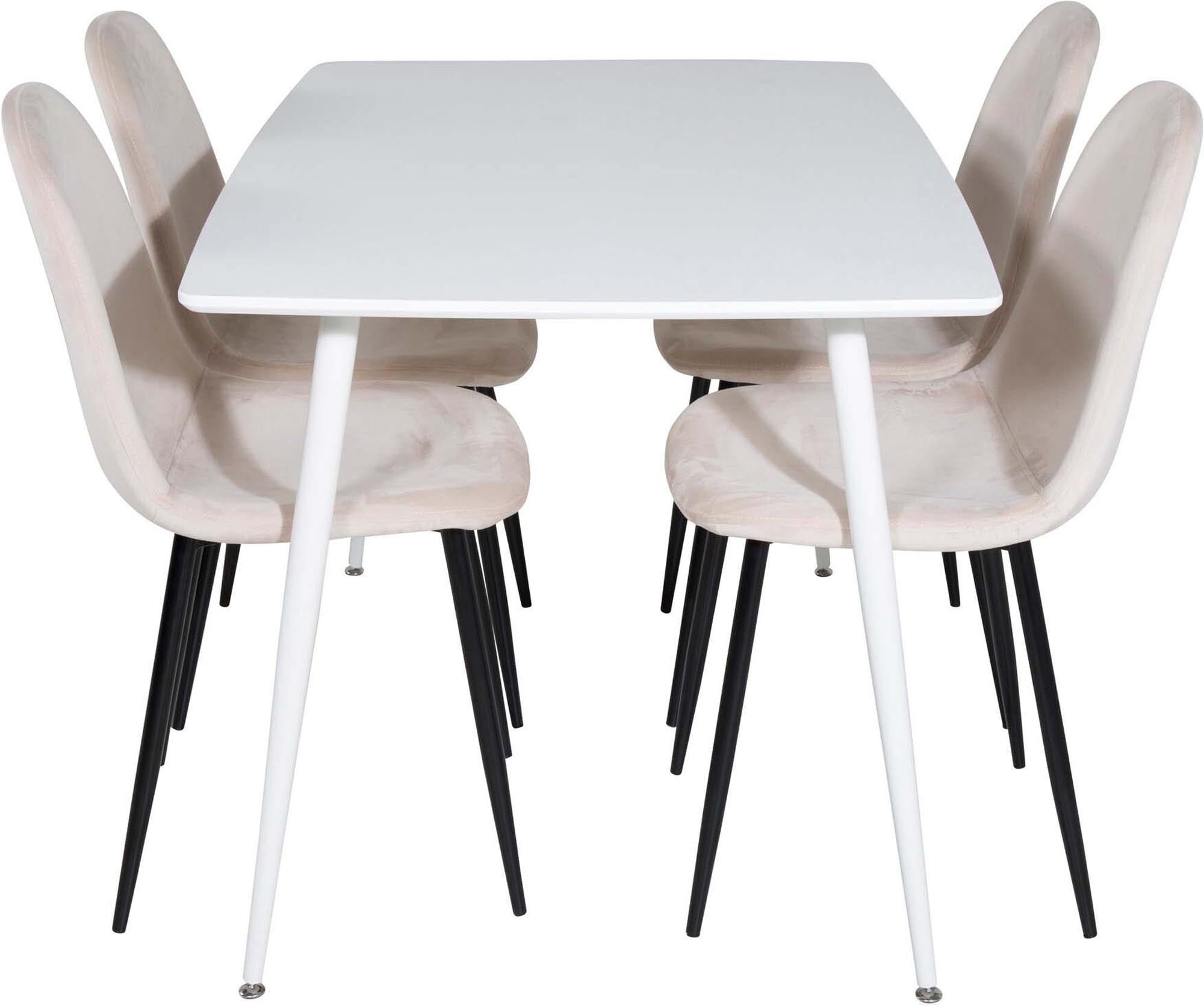 Entdecken Sie das stilvolle Polar Esszimmerset von Venture Home: Ein 120 cm großer Tisch und 4 ergonomische Stühle, ideal für gesellige Abende.