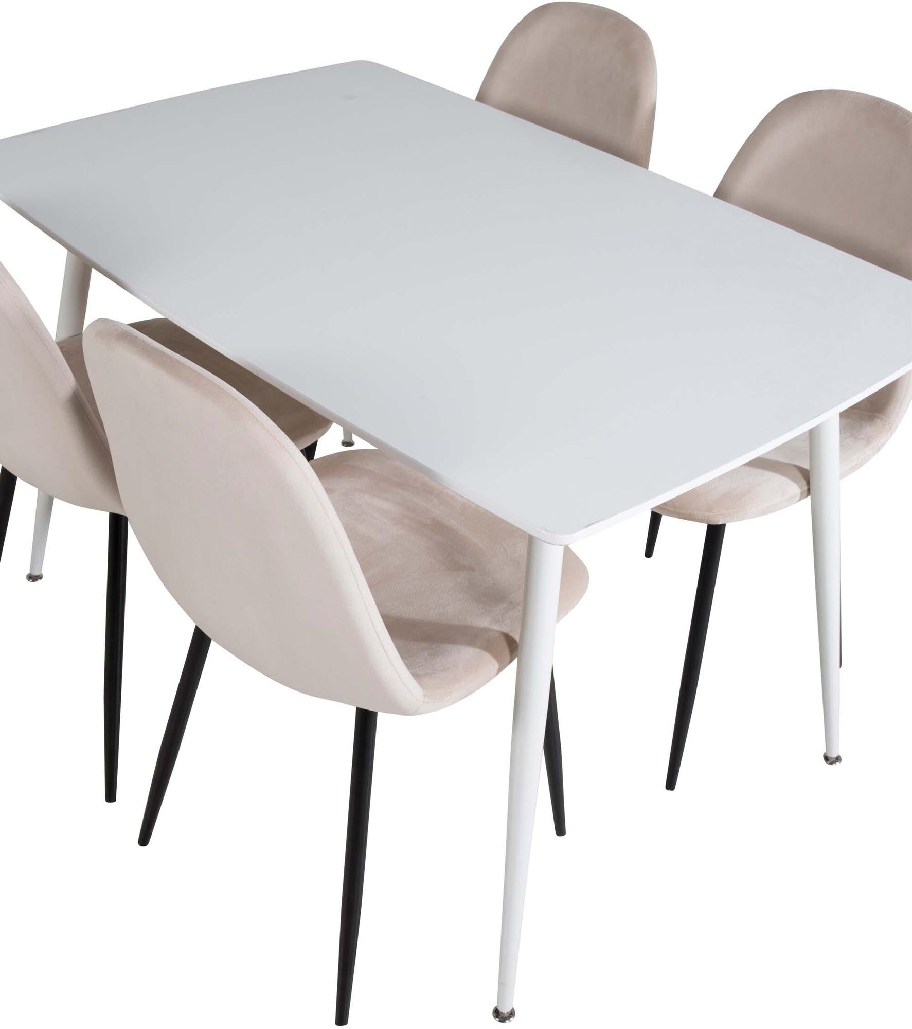 Entdecken Sie das Polar Esszimmerset von Venture Home: Ein eleganter 120 cm Esstisch und vier ergonomische Stühle, ideal für gesellige Abende.