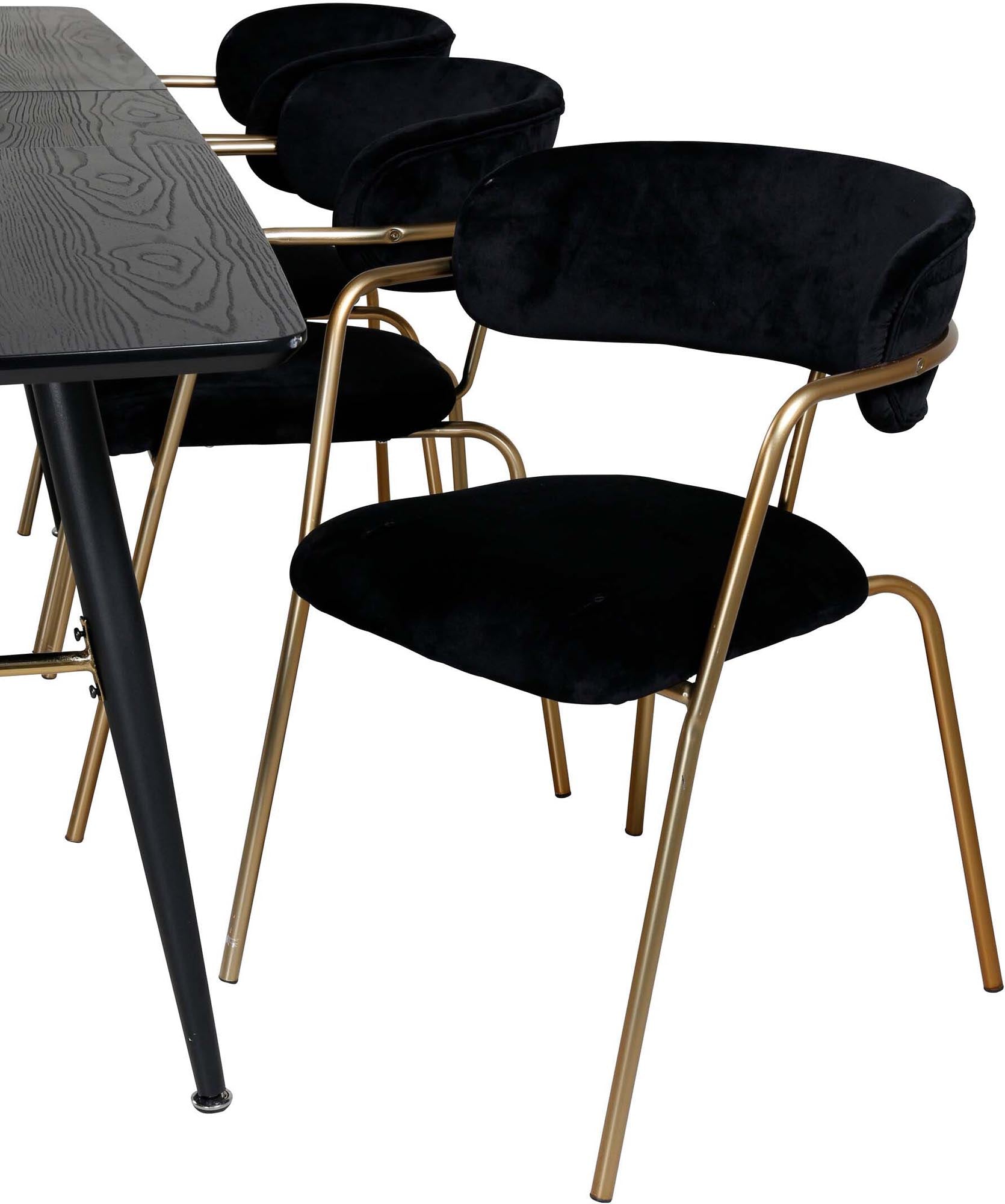 Elegantes, ausziehbares Esszimmerset in Gold für stilvolle Dinner mit 6 Personen. Hochwertige Materialien und ergonomische Stühle für Komfort.