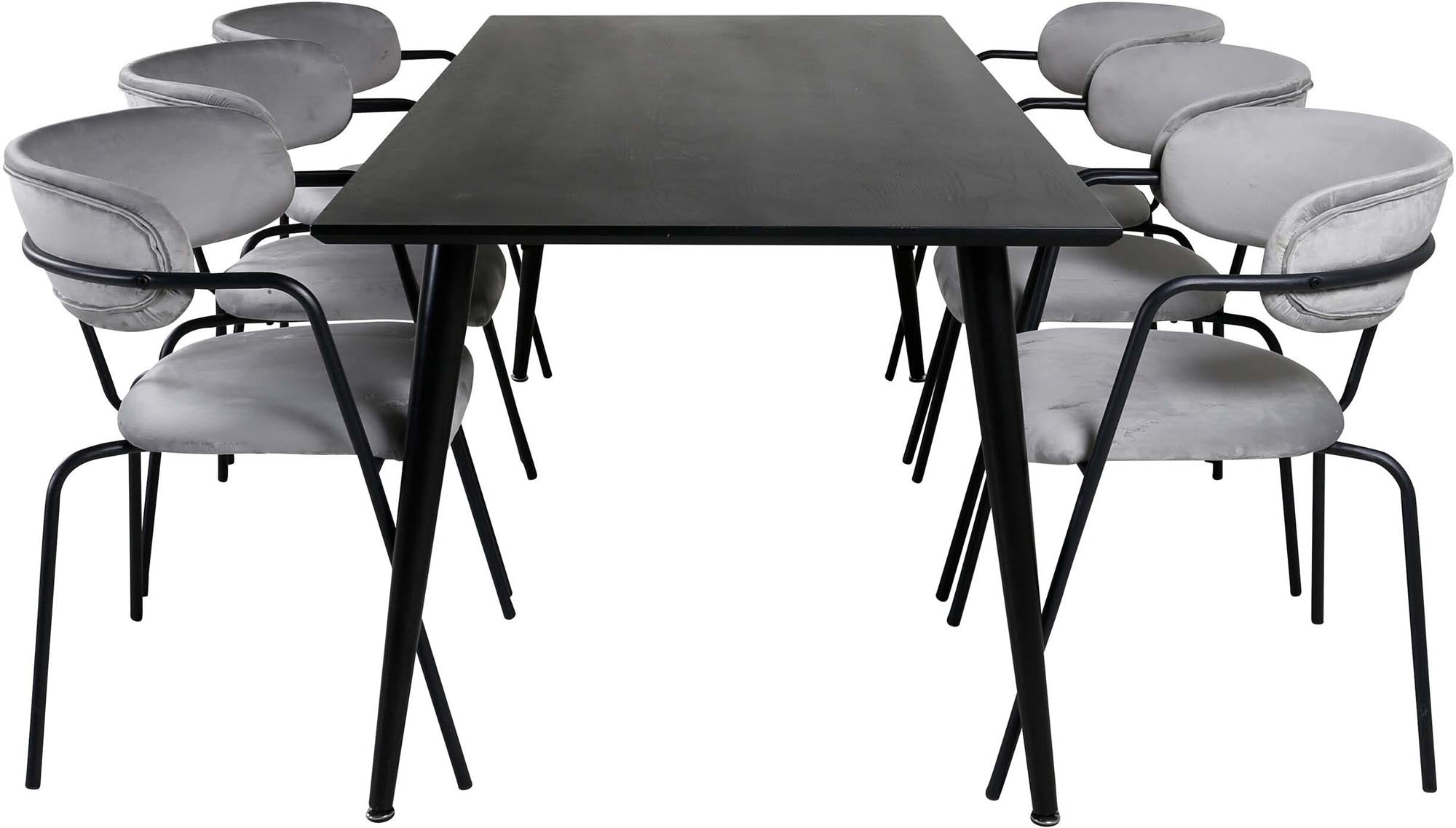 Stilvolles Dipp Esszimmerset mit 180 cm Tisch und 6 ergonomischen Arrow-Samtstühlen für ein elegantes Ambiente in Ihrem Zuhause.