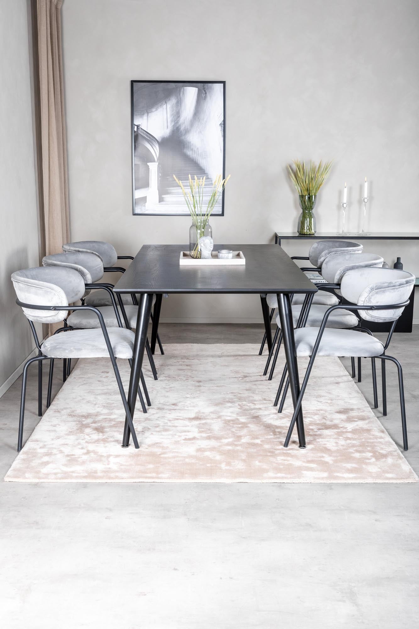 Elegantes Dipp Esszimmerset mit 180 cm Tisch und 6 bequemen Arrow-Samtstühlen, ideal für stilvolle Esszimmer und gesellige Abende.