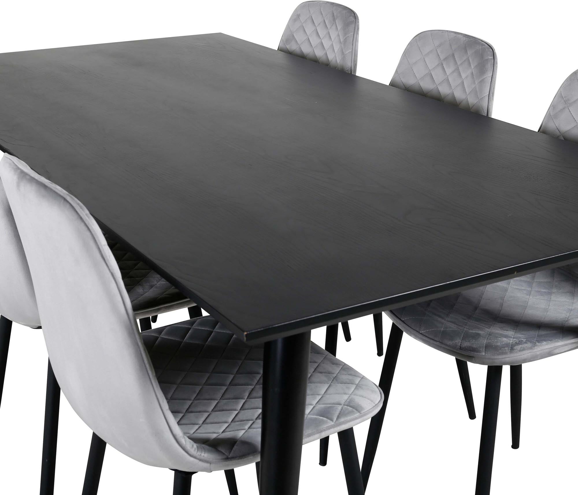 Genießen Sie modernes Design mit dem Dipp Esszimmerset von Venture Home: 180 cm Tisch und 6 luxuriöse Samtstühle für stilvolle Anlässe.