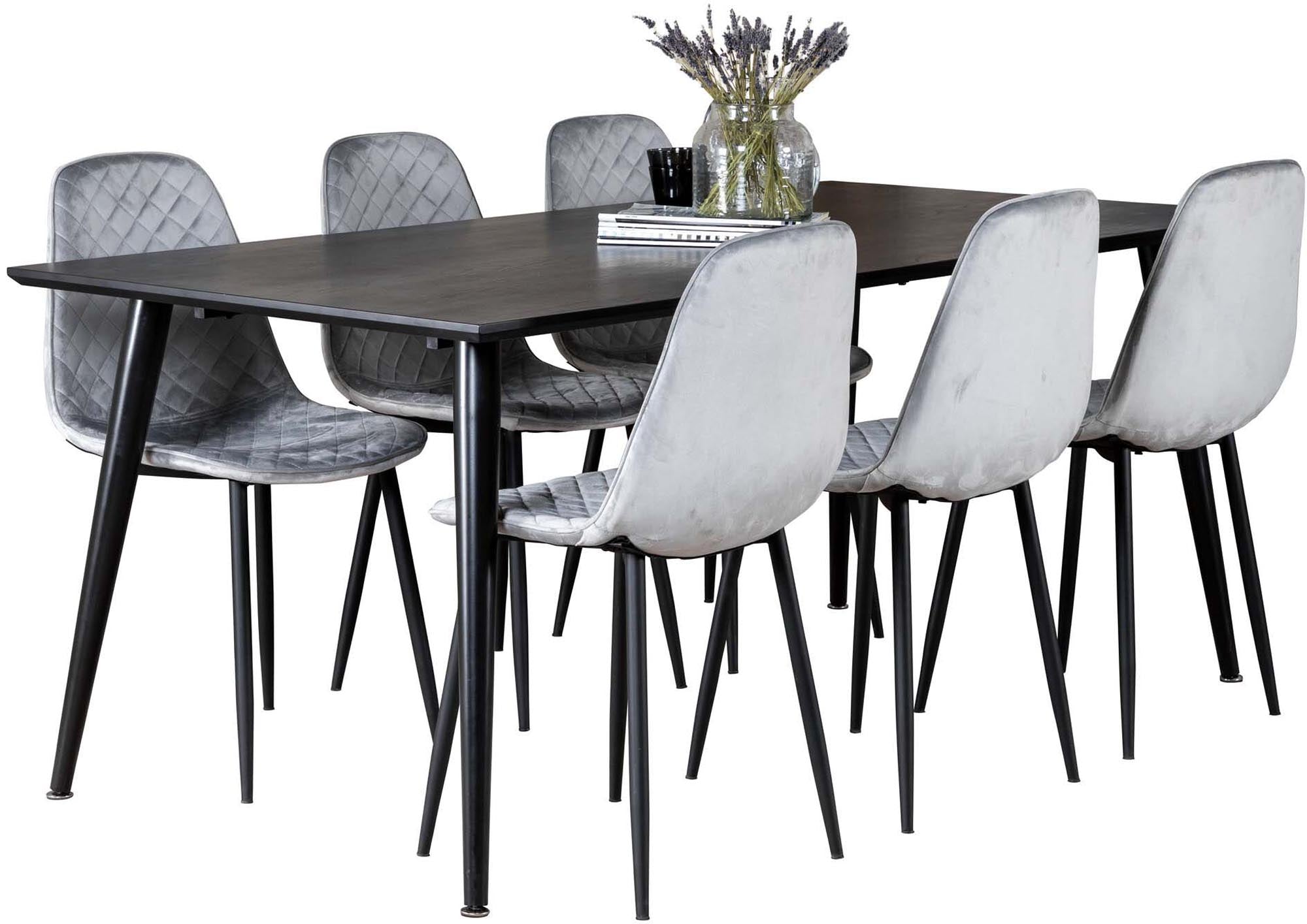 Elegantes Esszimmerset mit grauen Samtstühlen und 180cm Tisch, ideal für stilvolle Anlässe und Komfort.