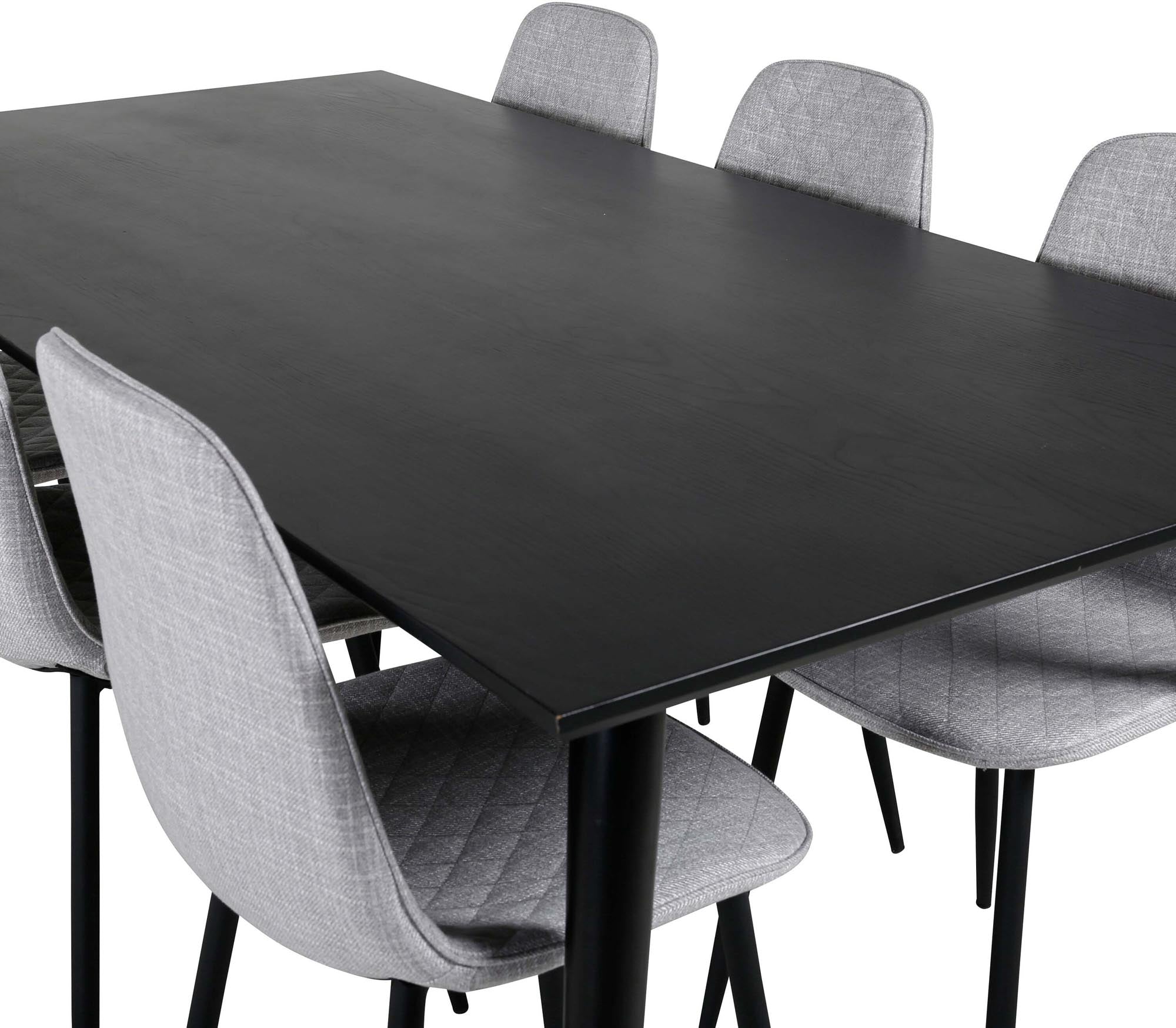 Entdecken Sie das stilvolle Dipp Esszimmerset von Venture Home: 180 cm Tisch und 6 elegante Samtstühle für Komfort und gesellige Runden.