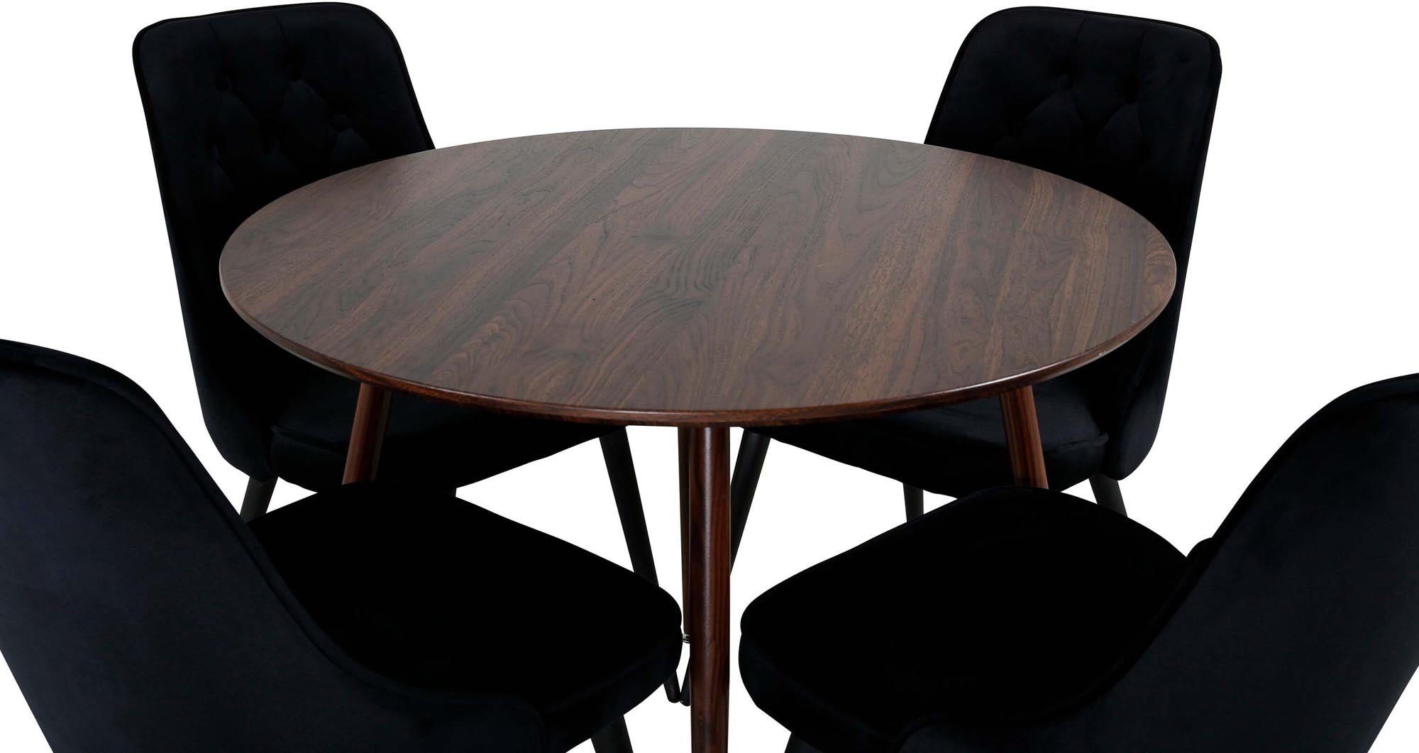 Stilvolles Plaza Esszimerset mit luxuriösen Velvet Deluxe Stühlen, ideal für 4 Personen. Perfekte Kombination aus Design und Funktionalität.