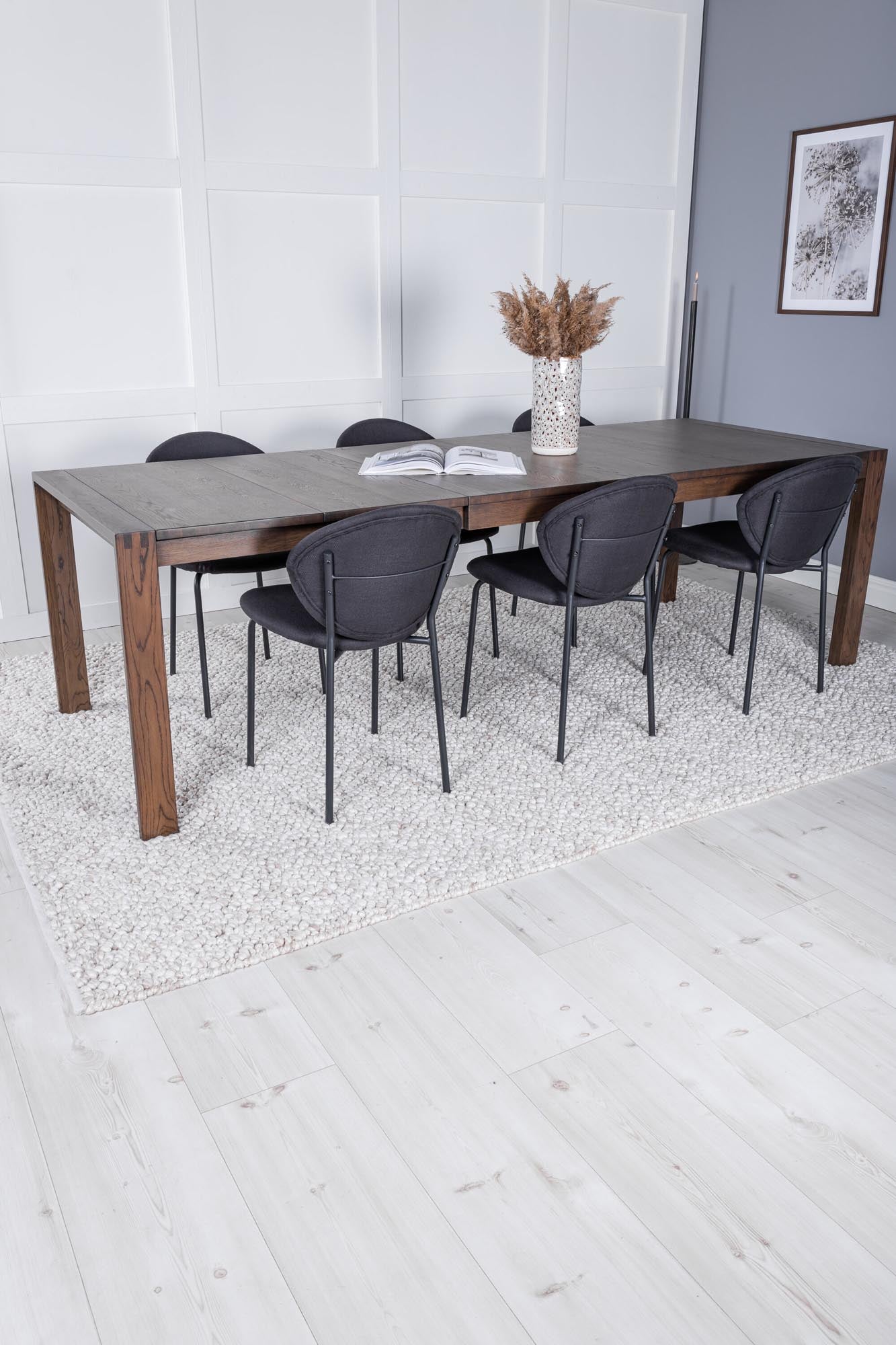 Elegantes Slider Esszimmerset: Ausziehbarer Tisch (170 cm) im Eichen-Look mit 6 komfortablen Vault Stühlen – ideal für stilvolle Esszimmer und gesellige Runden.