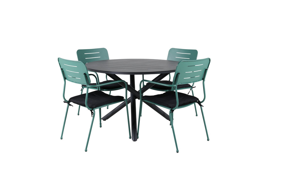 Zwei grüne Aluminium-Stühle mit Polsterbezug und ein runder schwarzer Aluminiumtisch mit Stahlbeinen, Gartentischset von Venture Home.