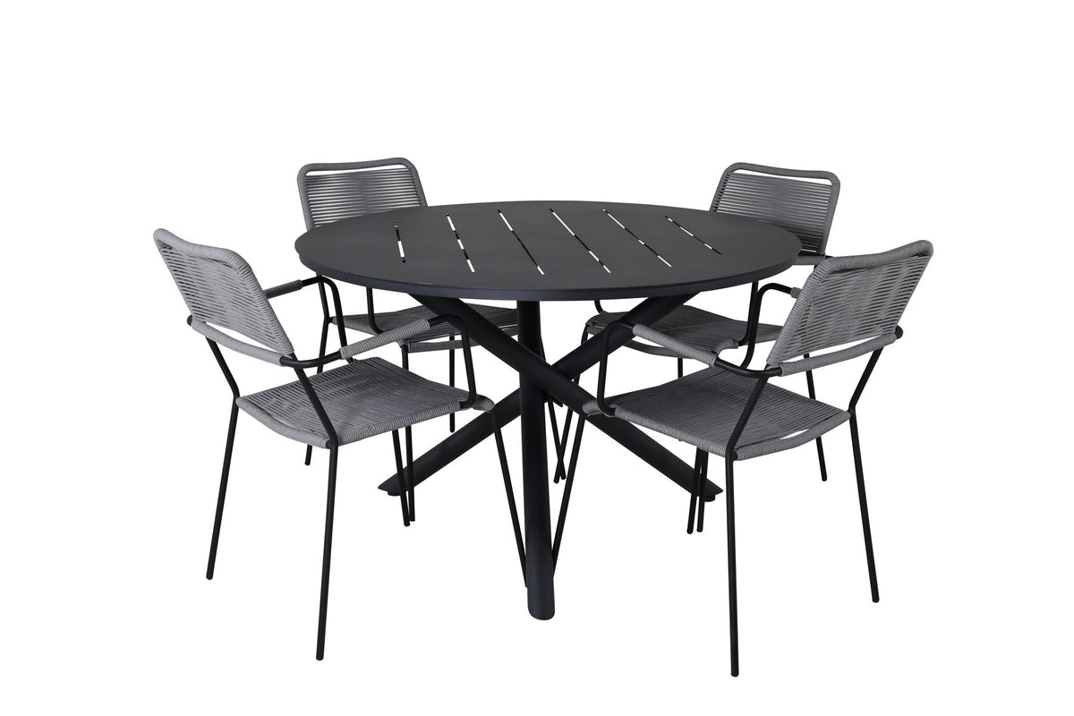 Rundes Gartentischset aus Aluminium mit schwarzer Tischplatte und zwei stapelbaren Stühlen mit grauem Seilgeflecht und schwarzen Stahlarmlehnen.
