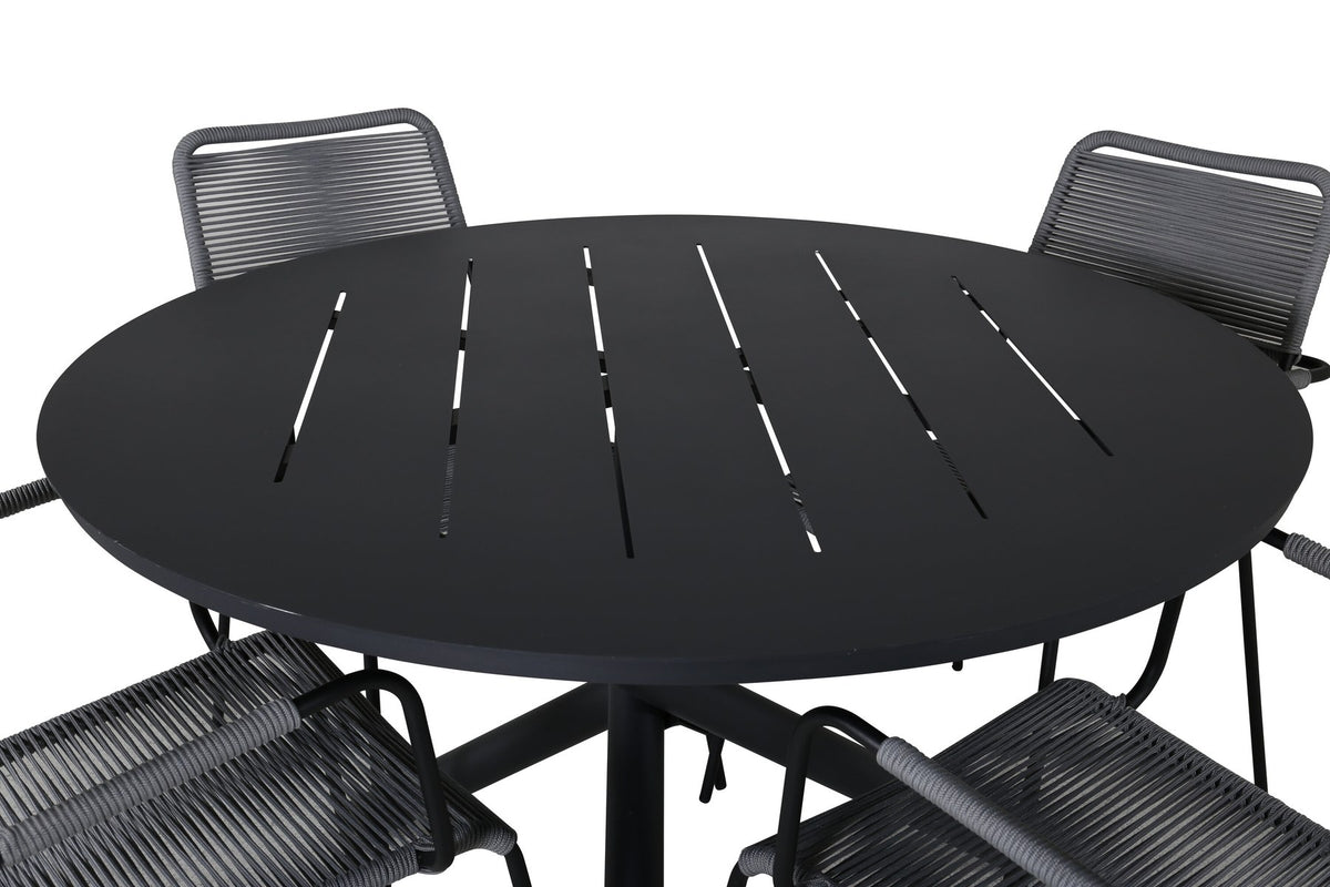 Rundes Gartentischset aus Aluminium mit schwarzer Tischplatte und zwei stapelbaren Stühlen mit grauem Seilgeflecht und schwarzen Stahlarmlehnen.