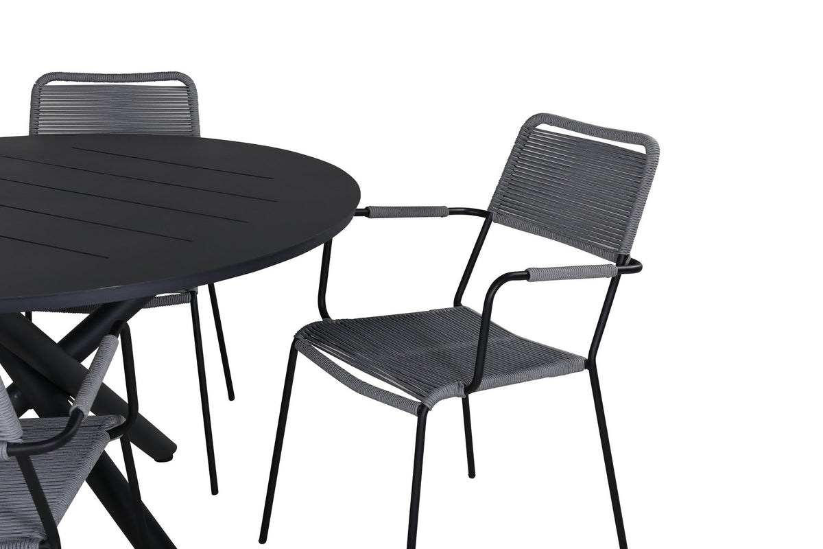 Rundes Gartentischset aus Aluminium mit schwarzer Tischplatte und zwei stapelbaren Stühlen mit grauem Seilgeflecht und schwarzen Stahlarmlehnen.
