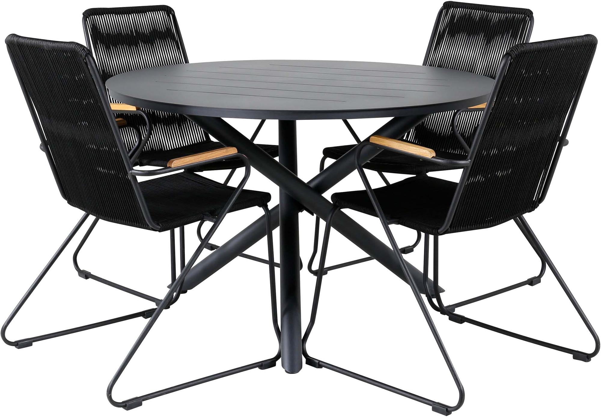 Entdecken Sie das stilvolle Alma Outdoor-Tischset + Bois von Venture Home. Robuster Esstisch und bequeme Gartenstühle für unvergessliche Momente im Freien.