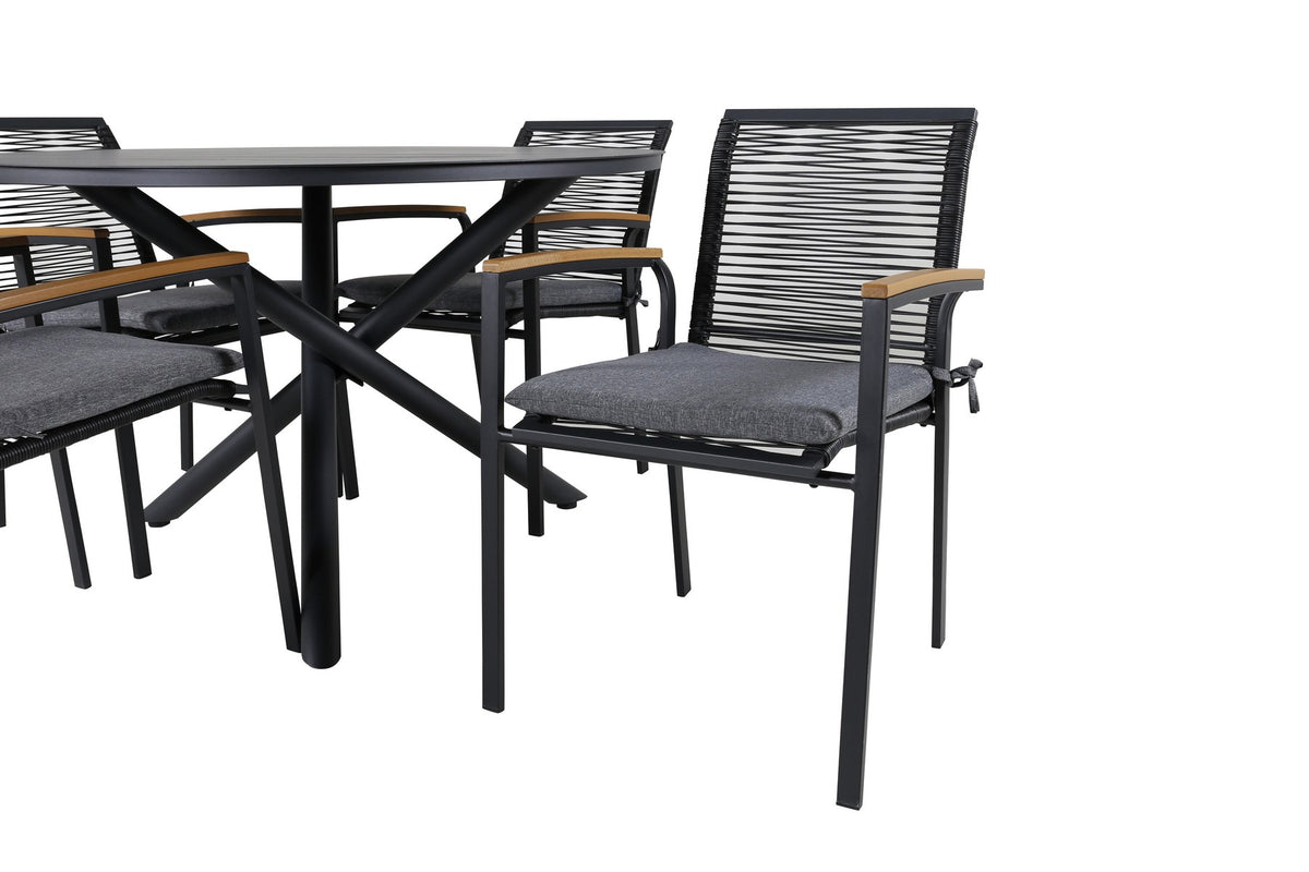Runder schwarzer Aluminium-Esstisch Ø120 cm mit zwei Esszimmerstühlen aus Aluminium, schwarzer Pulverbeschichtung und Polyesterbezug im Garten.