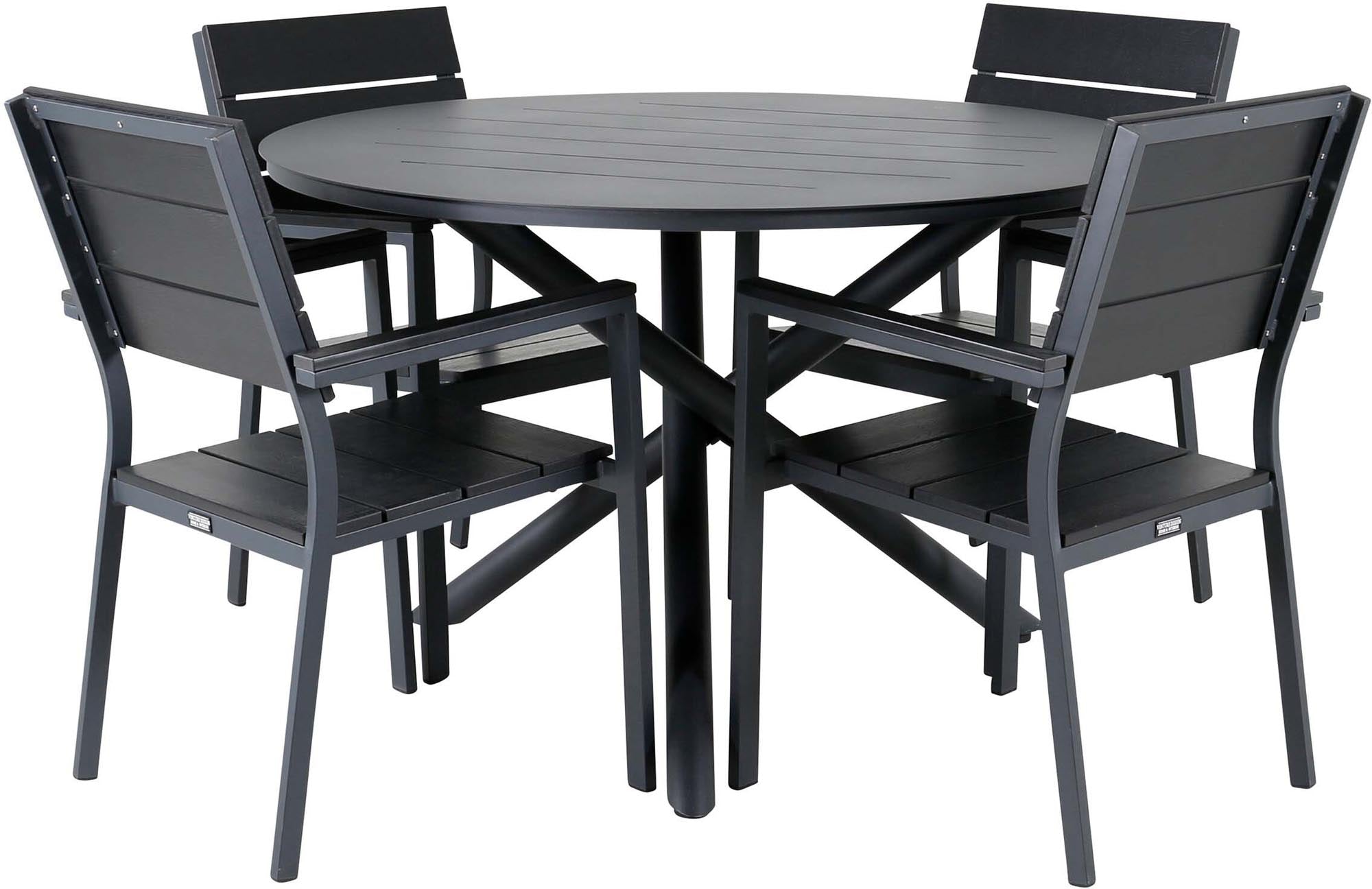 Stilvolles Alma Outdoor-Tischset von Venture Home: Robuster, wetterfester Tisch & komfortable, stapelbare Levels-Sessel aus Aluminium.