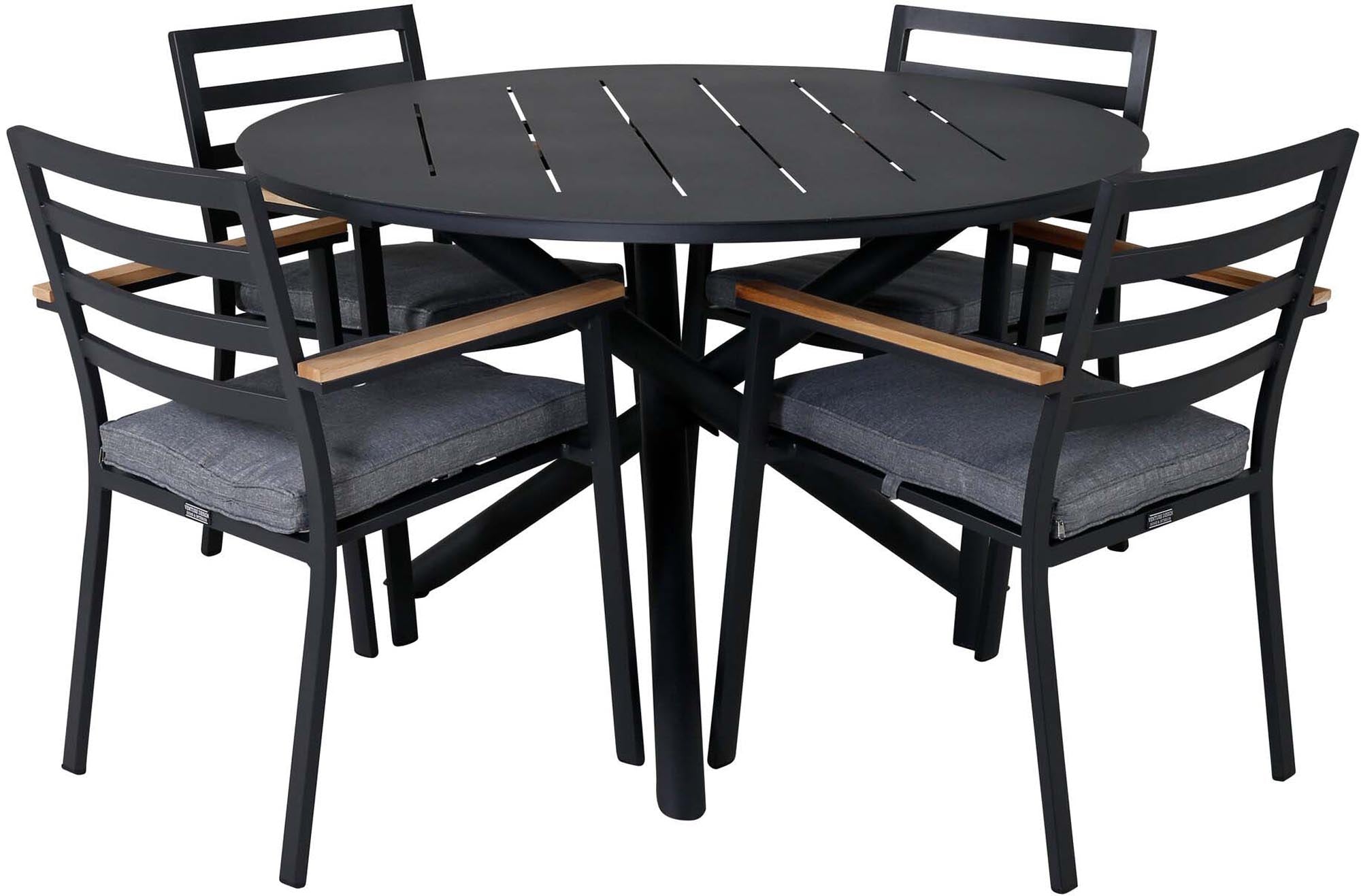Stilvolles Alma Outdoor-Tischset mit rundem 120cm Tisch und 4 Brasilia Stühlen aus Aluminium und Teakholz für elegantes Outdoor-Dining.