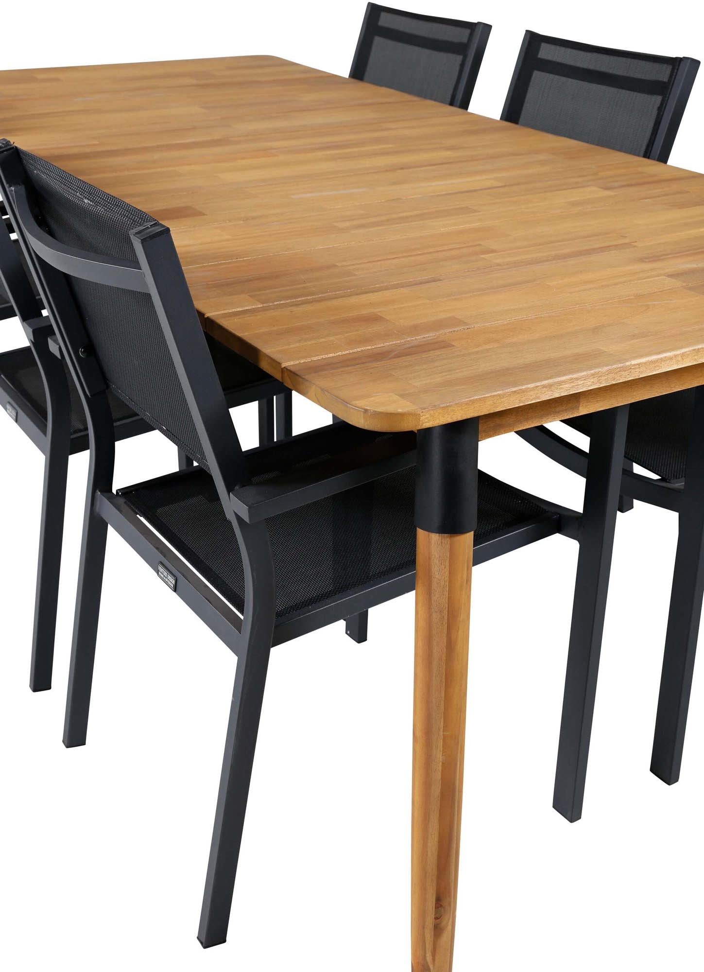 Robustes Julian Tischset mit 6 Copacabana-Stühlen für draussen.