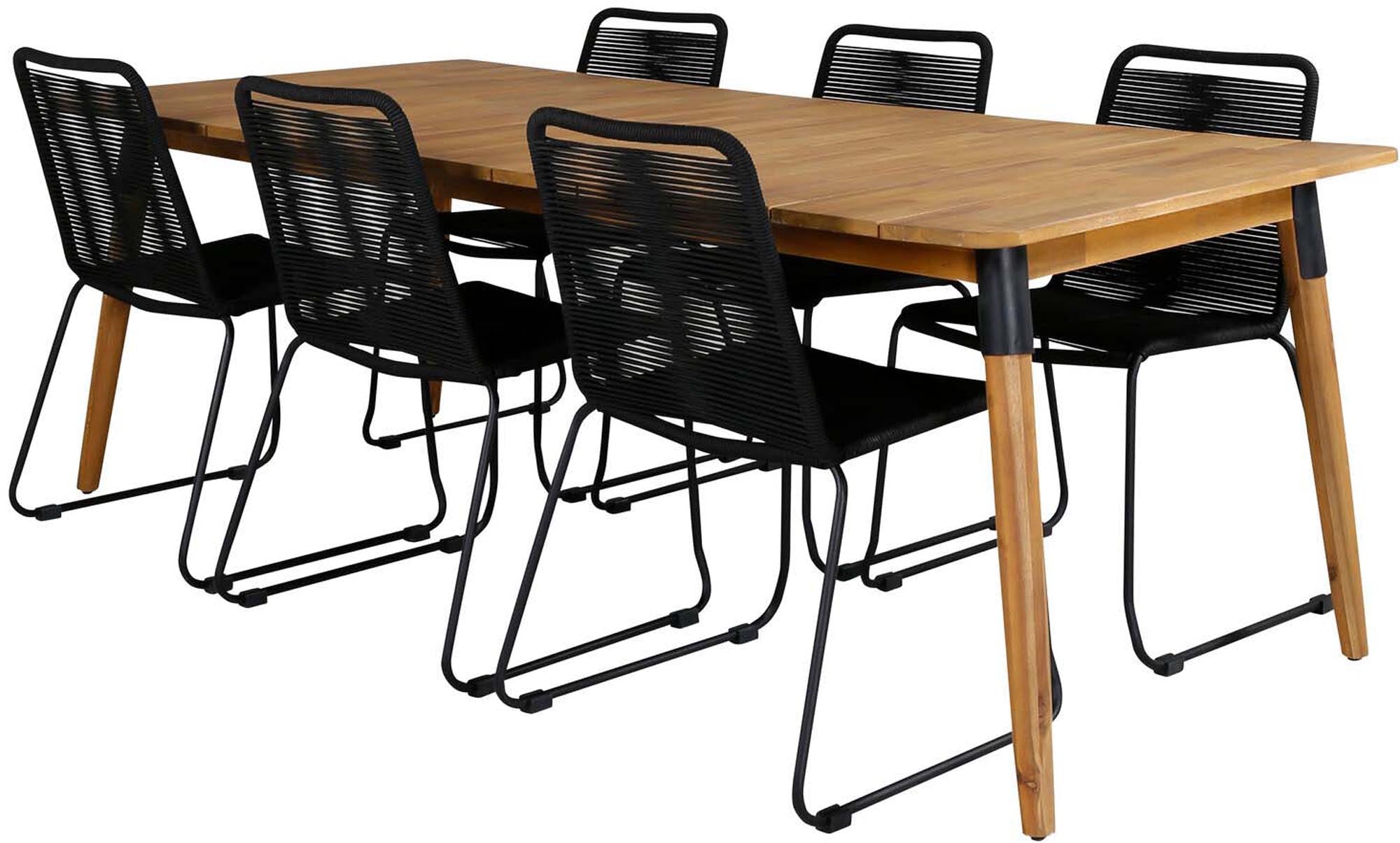 Stilvolles Julian Outdoor-Tischset für 6 Personen, perfekt für gesellige Abende im Freien. Hochwertiges Akazienholz und moderne Seilstühle.