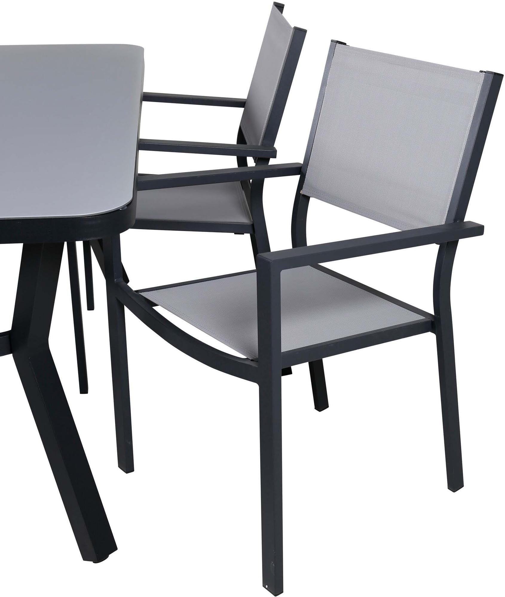 Elegantes Virya Outdoor-Tischset mit 160 cm Tisch und komfortablen Copacabana Stühlen. Ideal für gesellige Momente im Freien!