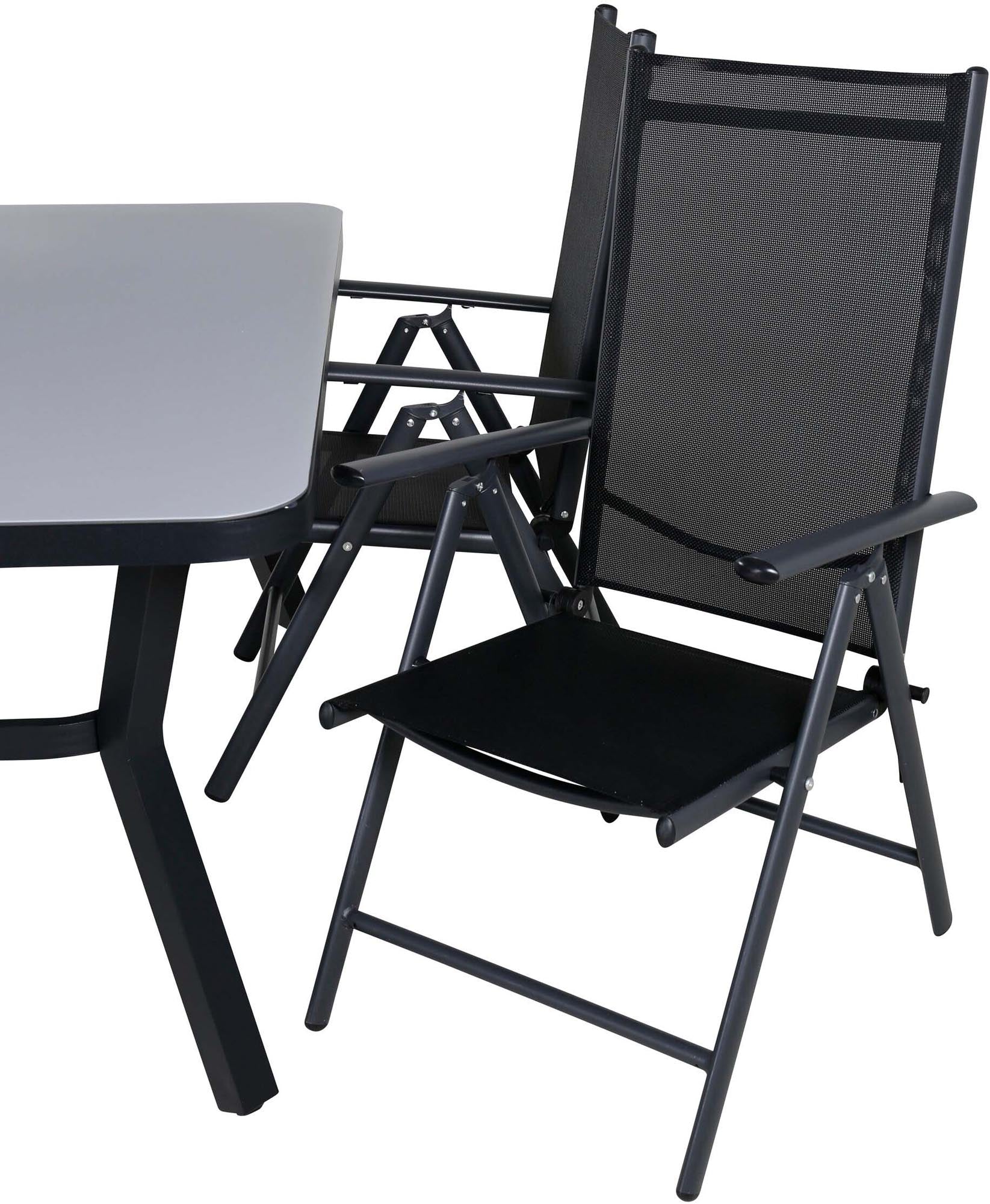 Elegantes Virya Outdoor-Tischset von Venture Home: 160cm Tisch & 4 Break-Stühle, wetterfest & komfortabel für gesellige Abende.