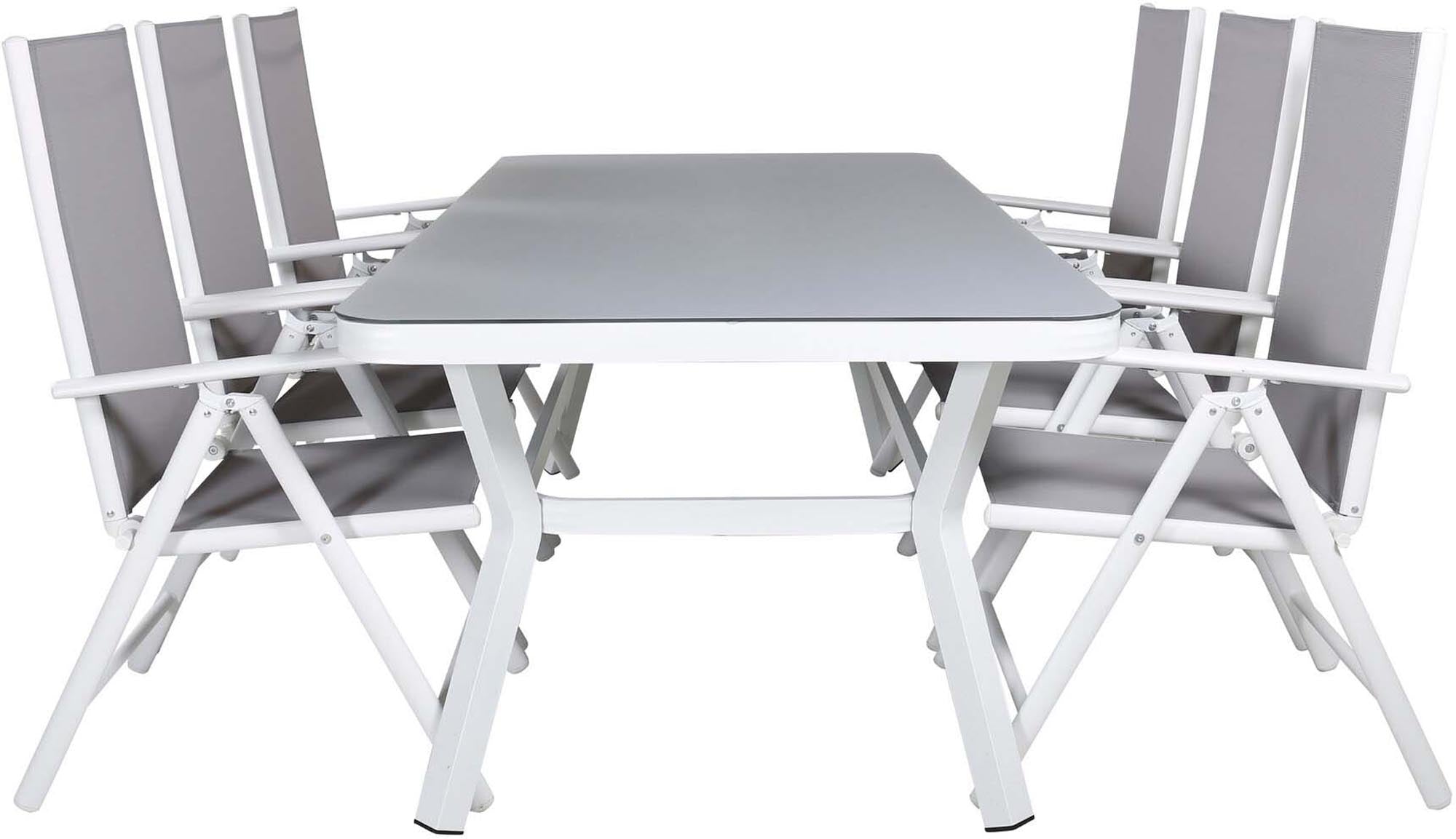 Stylisches Virya Outdoor-Tischset mit 200 cm Tisch und 6 komfortablen Stühlen. Perfekt für entspannte Abende im Garten oder auf dem Balkon.