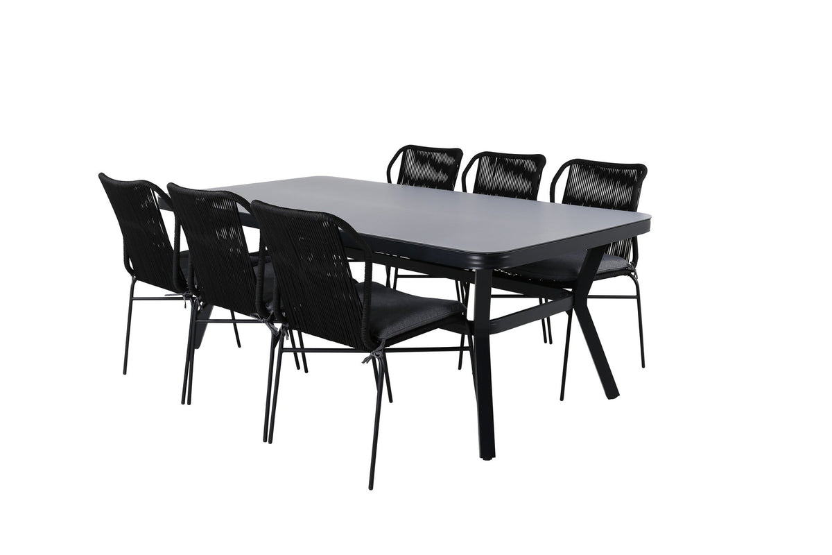 Vier schwarze Esszimmerstühle aus Textilene mit Pulverbeschichtung und rechteckiger Esstisch 200x100 cm mit grauer Mattglasplatte, stapelbar.