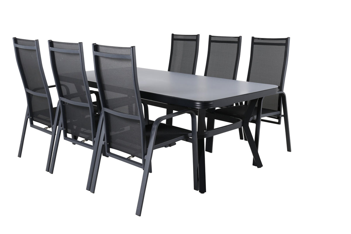 Schwarzer Gartentisch Virya mit Mattglasplatte und Aluminiumbeinen, dazu Stühle Copacabana mit Textilene-Sitzfläche und Pulverbeschichtung