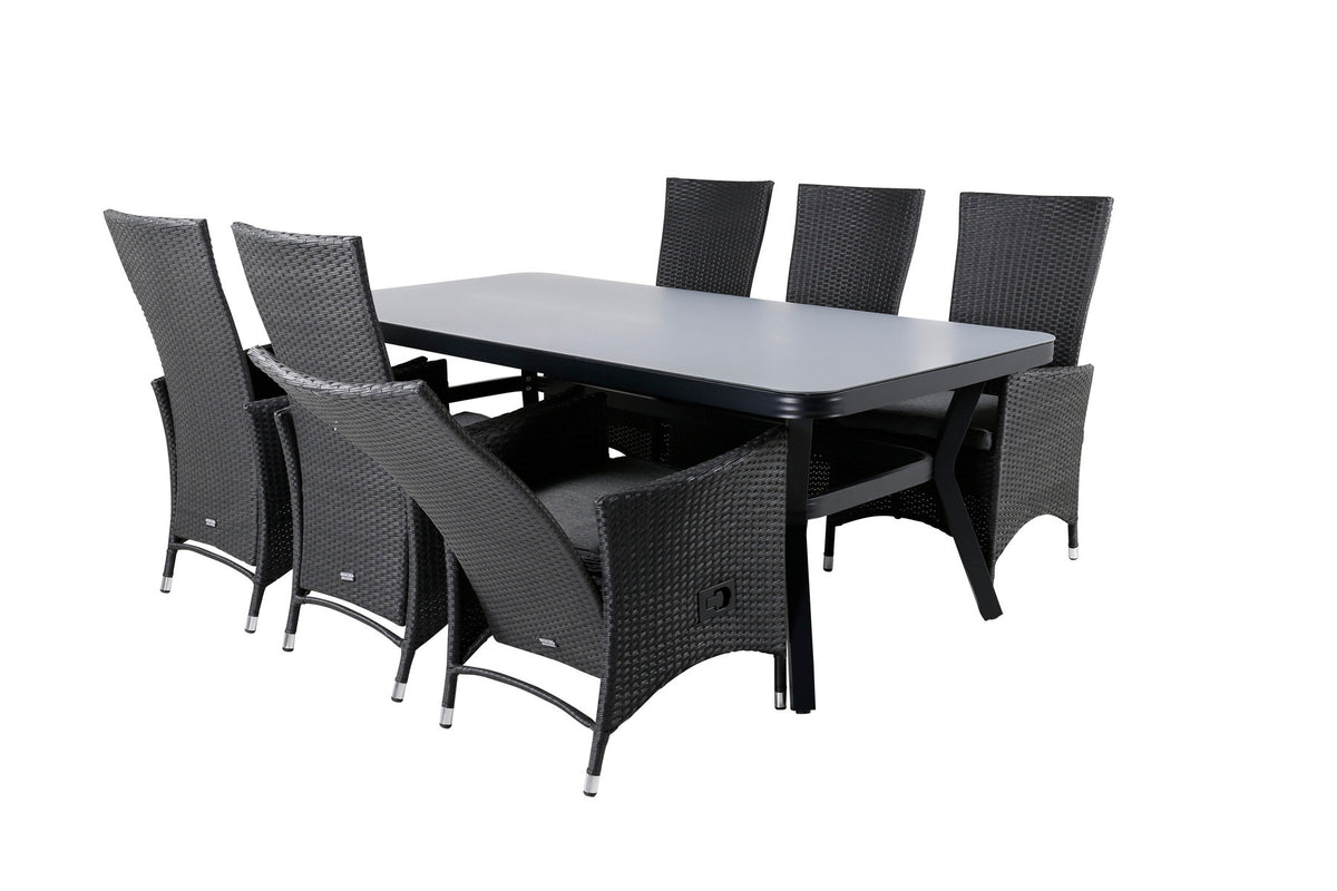 Gartentischset Virya & Padova: schwarzer rechteckiger Esstisch aus Mattglas mit zwei Relaxstühlen