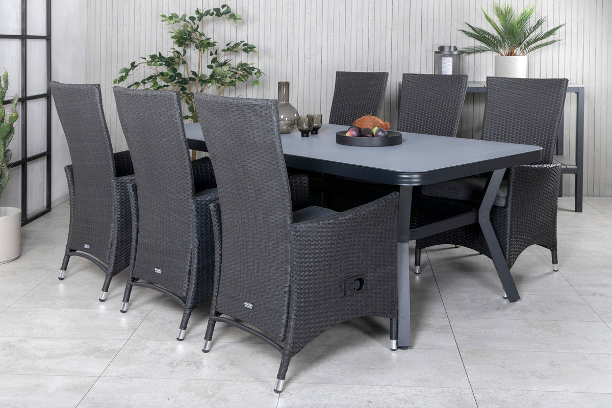 Gartentischset Virya & Padova: schwarzer rechteckiger Esstisch aus Mattglas mit zwei Relaxstühlen