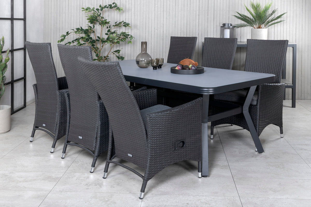 Gartentischset Virya & Padova: schwarzer rechteckiger Esstisch aus Mattglas mit zwei Relaxstühlen