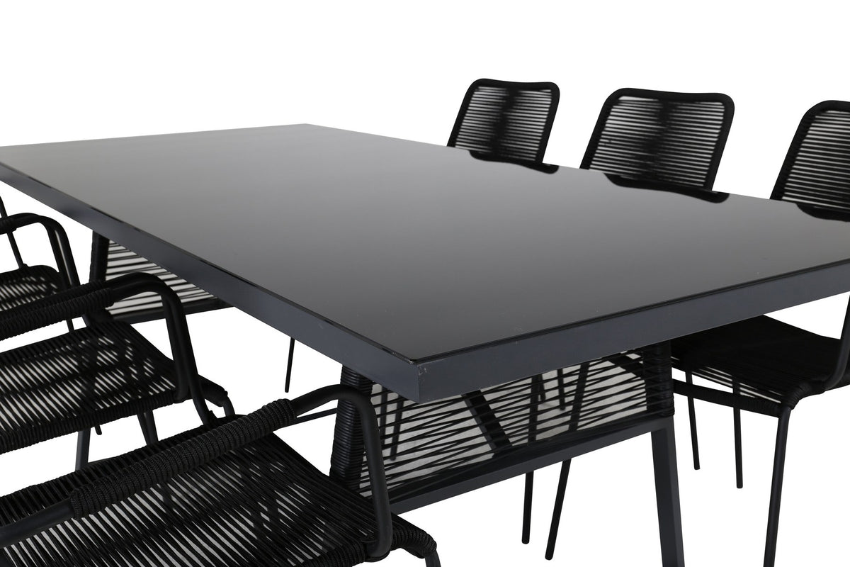Esstisch Dallas mit sechs Stühlen Lindos, Gestell aus Aluminium und Geflecht in Schwarz, Tischplatte aus Glas, Outdoor-Set von Venture Home.