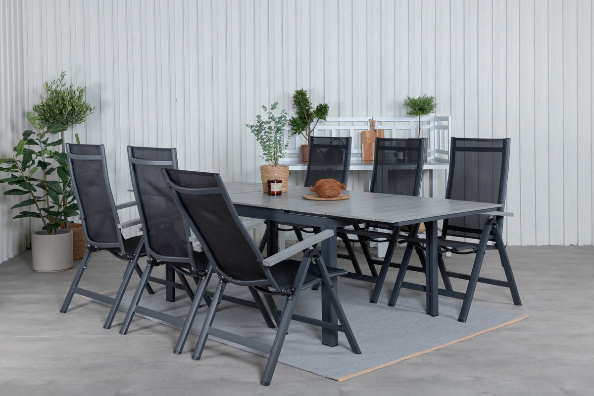 Levels Outdoor-Tischset ausziehbar + Albany 160cm/6St. in Schwarz präsentiert im Onlineshop von KAQTU Design AG. Gartentischset ist von Venture Home