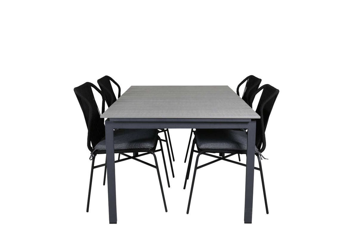 Schwarzes Gartentischset: 4 Stühle aus Aintwood und Aluminium mit Polyester-Bezug, rechteckiger Esstisch mit grauer Aintwood-Tischplatte.