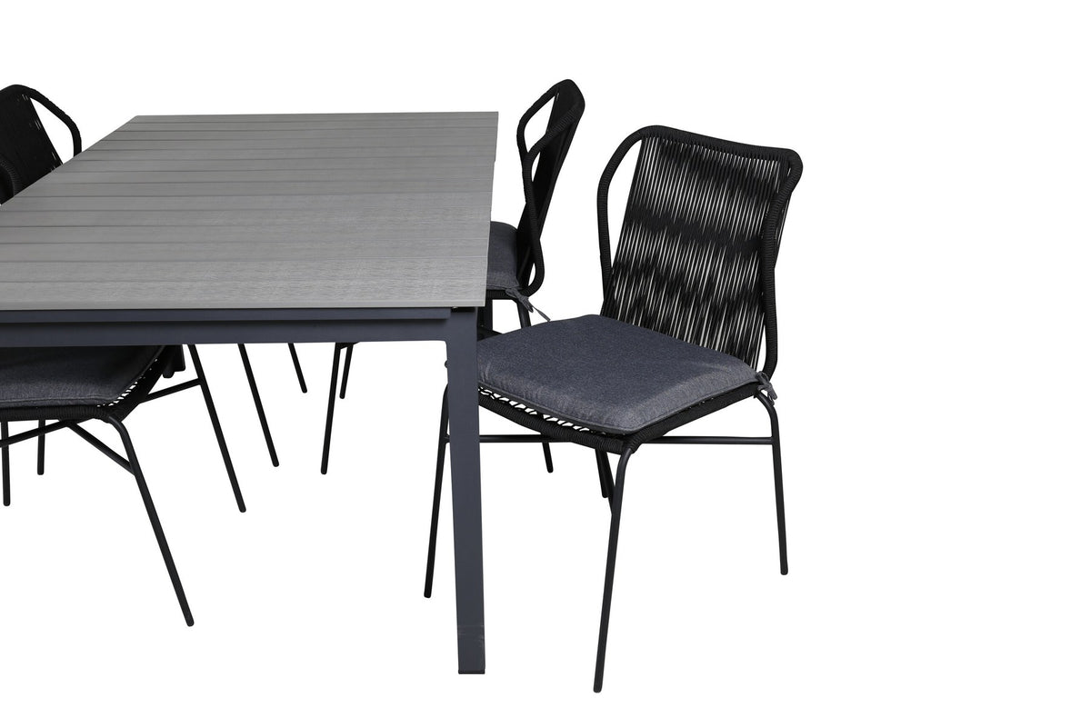 Schwarzes Gartentischset: 4 Stühle aus Aintwood und Aluminium mit Polyester-Bezug, rechteckiger Esstisch mit grauer Aintwood-Tischplatte.