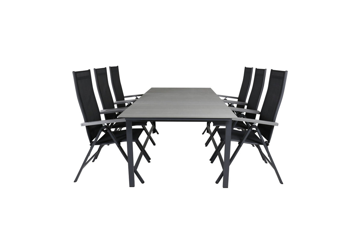 Schwarzes Gartentischset aus Aluminium und Aintwood: rechteckiger Esstisch mit grauer Tischplatte und zwei Positionsstühle, pulverbeschichtet.
