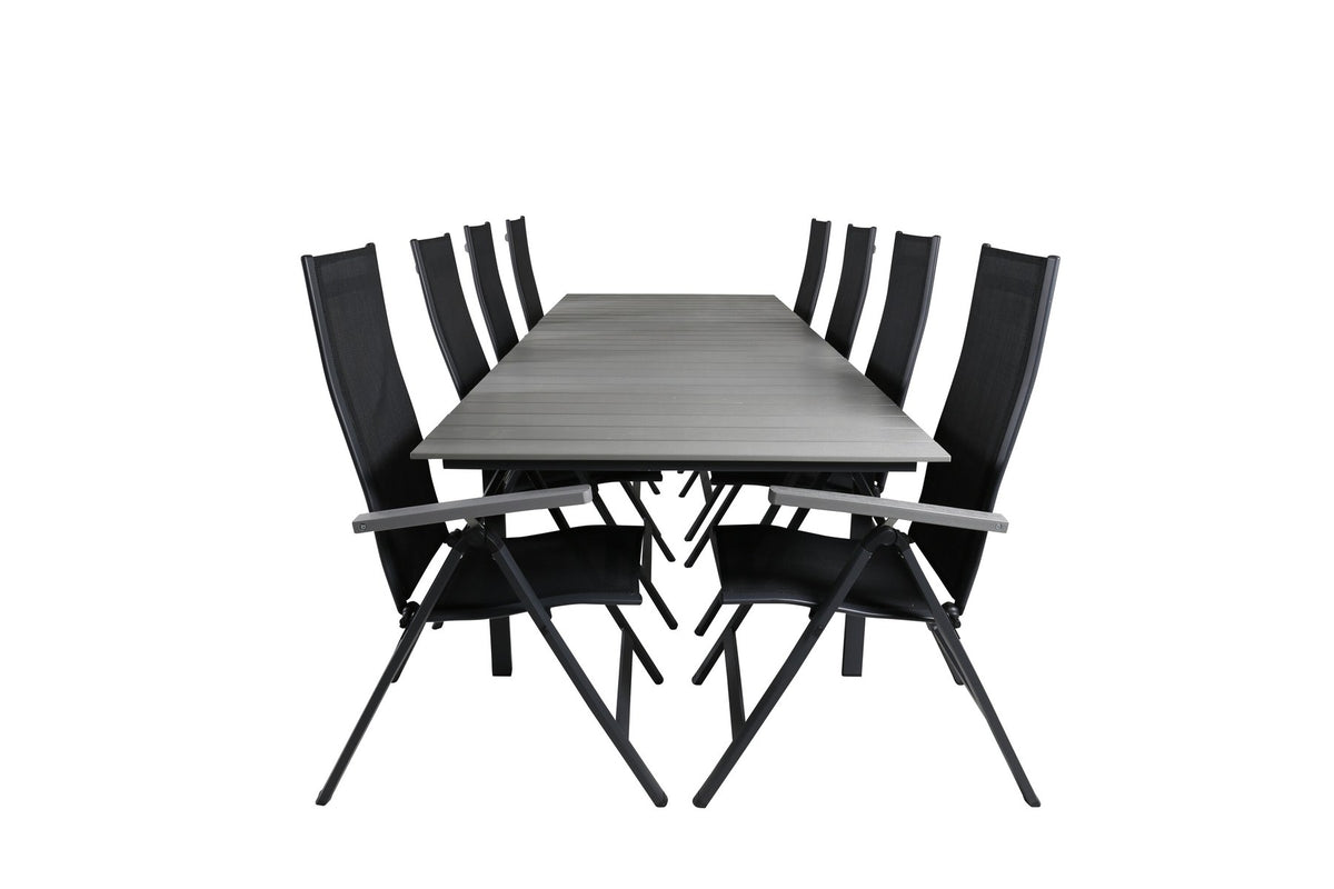 Schwarzes Gartentischset aus Aluminium und Aintwood: rechteckiger Esstisch mit grauer Tischplatte und zwei Positionsstühle, pulverbeschichtet.