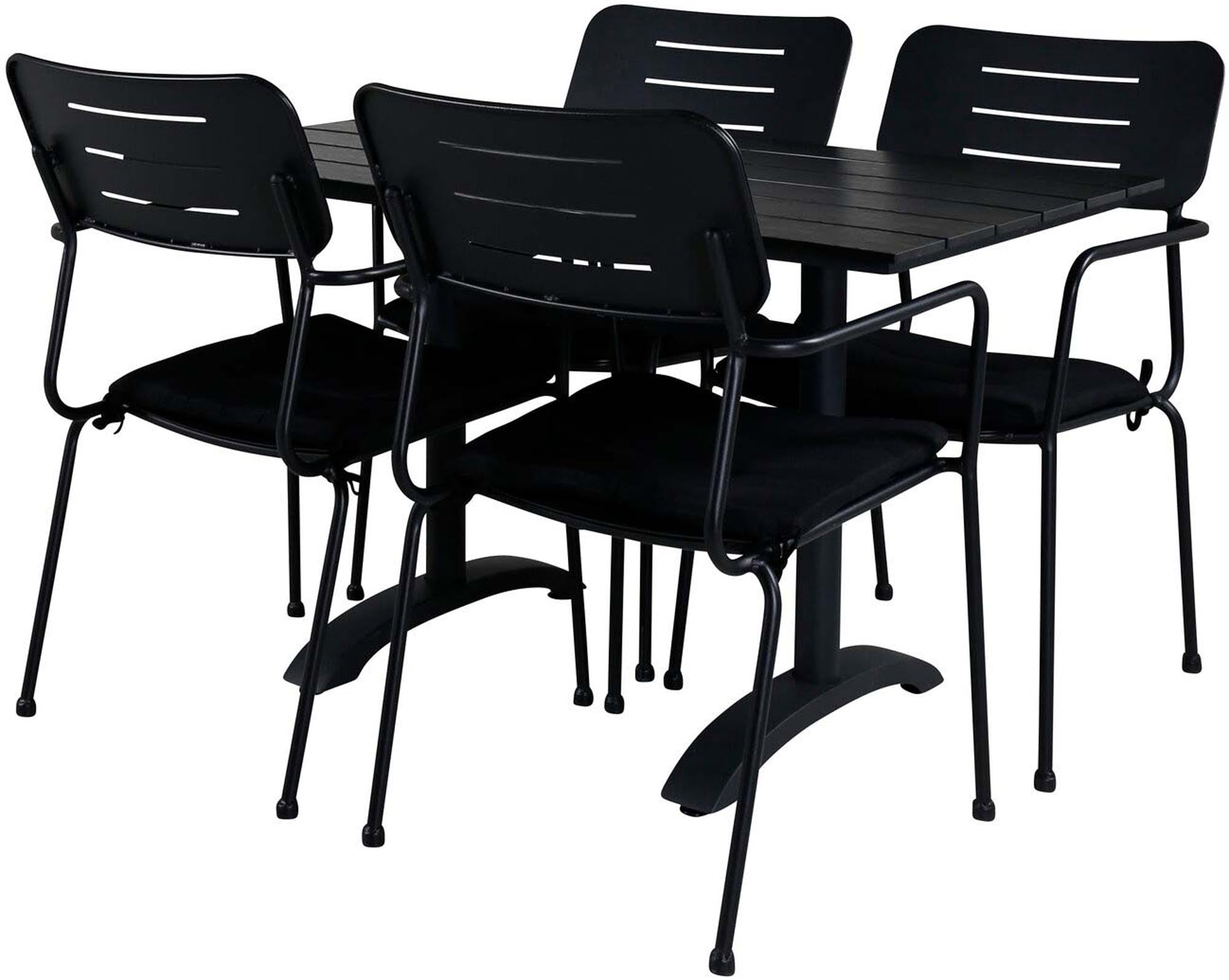 Stilvolles Denver Outdoor-Tischset für 4 Personen, ideal für entspannte Stunden im Freien. Robuste Materialien und elegantes Design vereinen Funktionalität und Ästhetik.