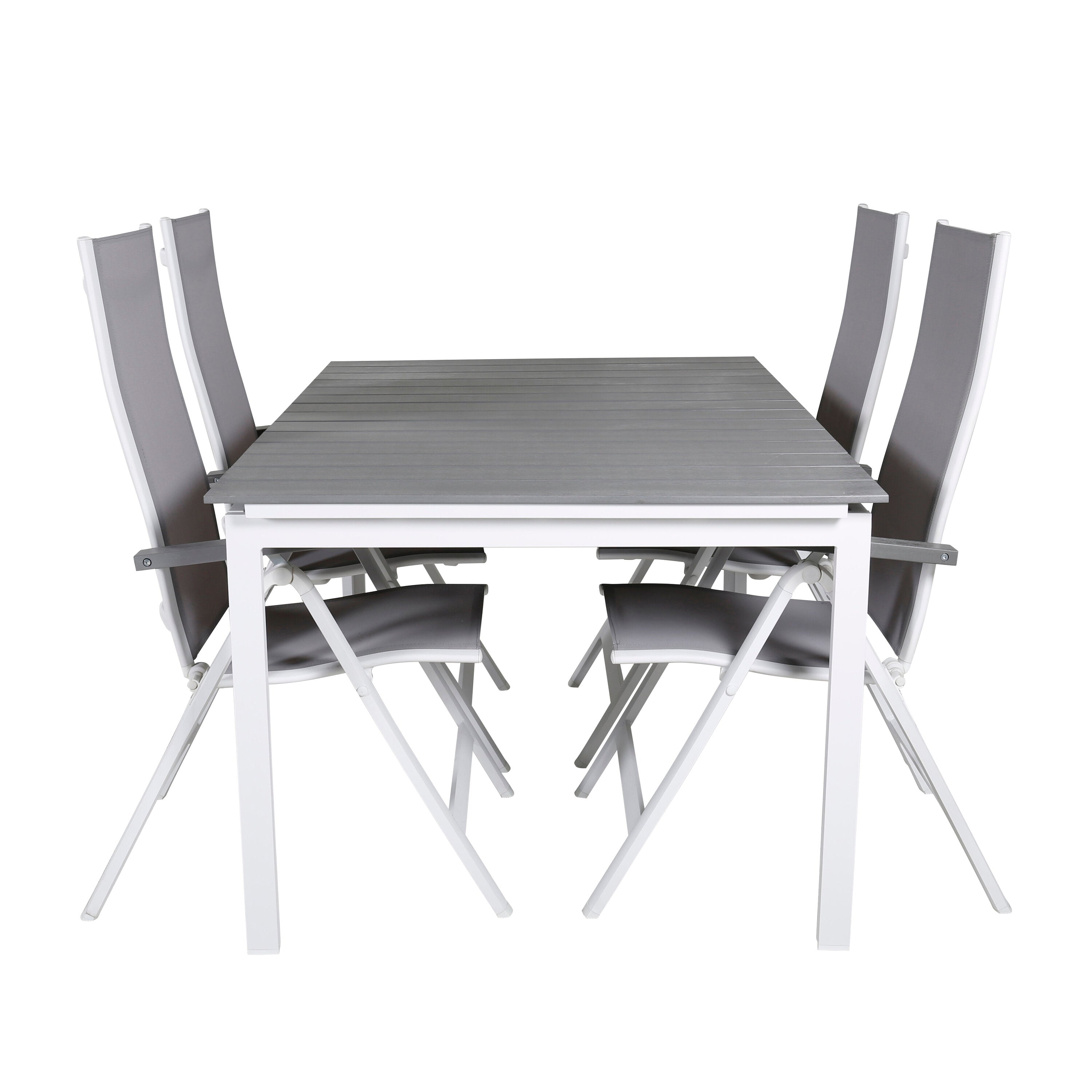 Rechteckiges Gartentisch-Set Levels: Ausziehbarer Aintwood-Tisch, klappbare Albany-Stühle, wetterfest, stilvoll, ideal für Terrasse.