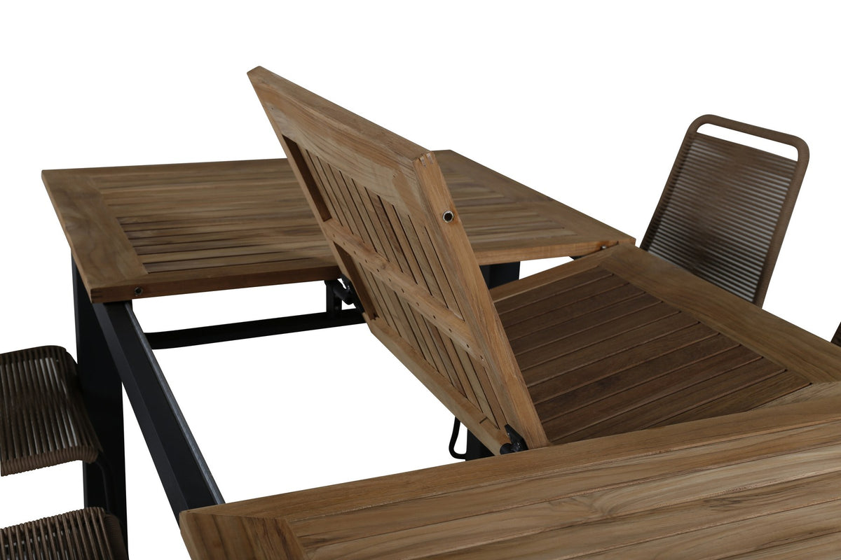 Gartentischset Panama & Lindos von Venture Home: Teak-Tisch mit grauer Platte und Stahlbeinen, dazu Stühle aus Aluminium und Teak in Braun.