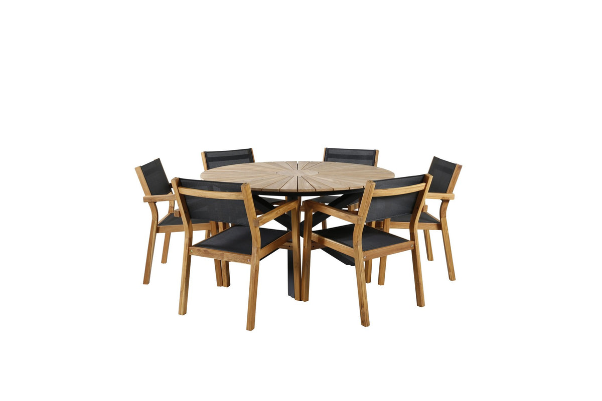 Rundes Gartentischset mit Teak-Tischplatte in Schwarz auf Akazienholzbeinen und zwei Aluminium-Teak Stühlen in Naturton, Outdoor-Möbel.