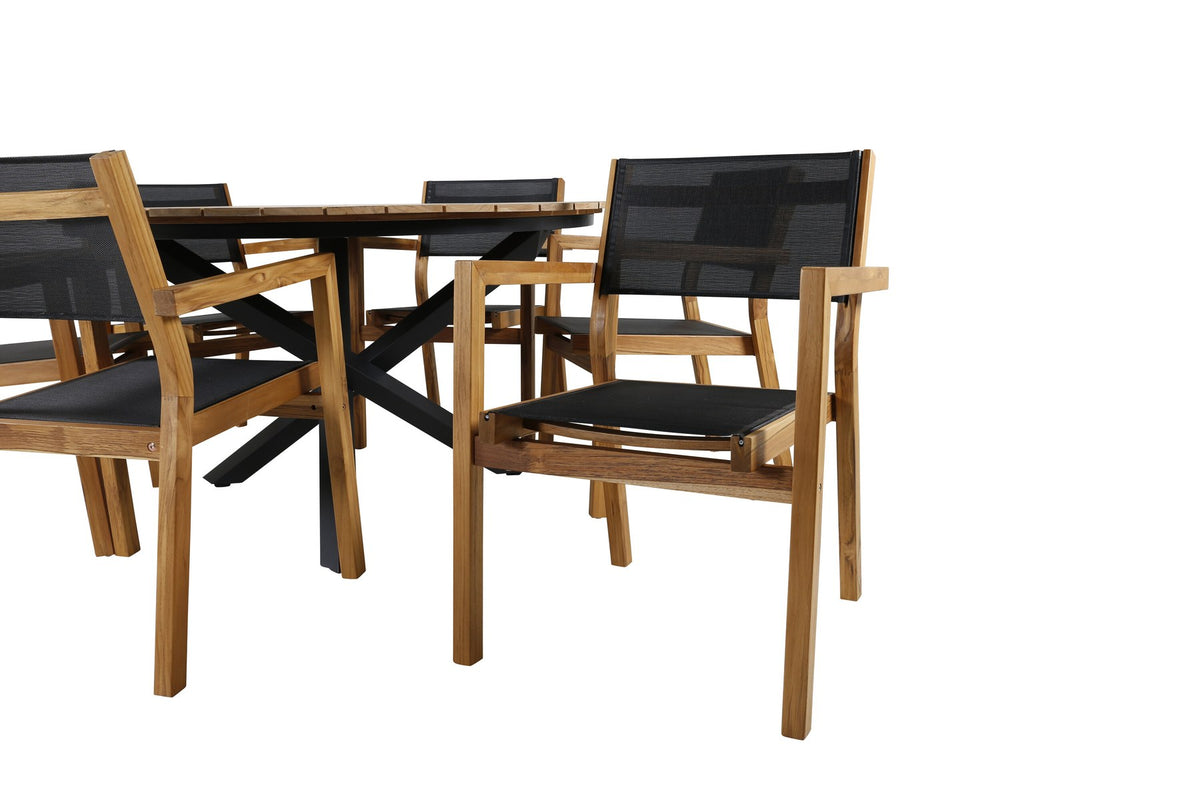 Rundes Gartentischset mit Teak-Tischplatte in Schwarz auf Akazienholzbeinen und zwei Aluminium-Teak Stühlen in Naturton, Outdoor-Möbel.