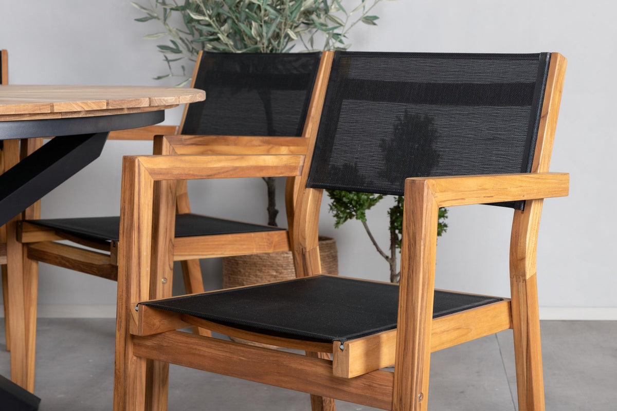 Rundes Gartentischset mit Teak-Tischplatte in Schwarz auf Akazienholzbeinen und zwei Aluminium-Teak Stühlen in Naturton, Outdoor-Möbel.