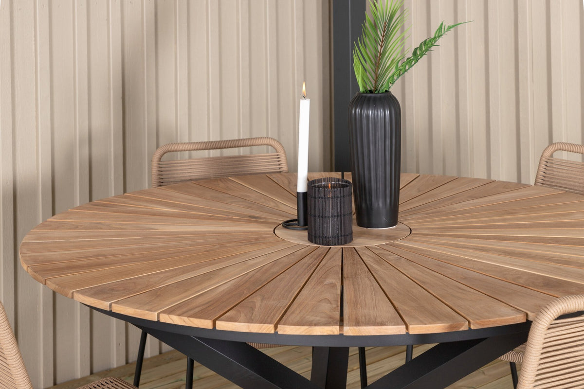 Gartentischset Mexiko mit Lindos-Stühlen: Teak-Tisch mit Stahlbeinen und Aluminium-Teak-Stühlen in Braun, rechteckige Tischplatte.