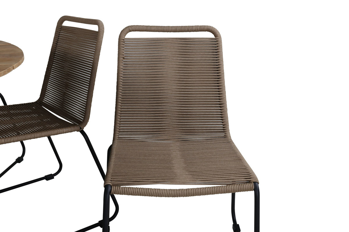 Gartentischset Mexiko mit Lindos-Stühlen: Teak-Tisch mit Stahlbeinen und Aluminium-Teak-Stühlen in Braun, rechteckige Tischplatte.