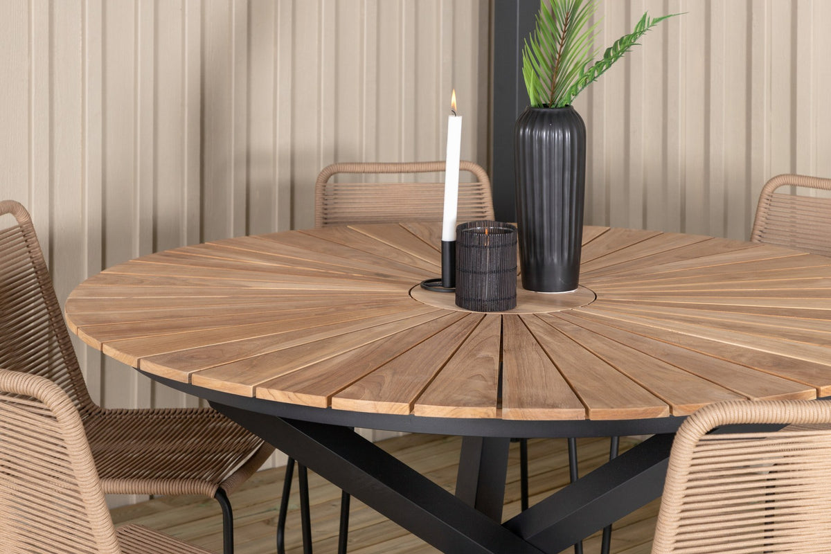 Gartentischset Mexiko mit Lindos-Stühlen: Teak-Tisch mit Stahlbeinen und Aluminium-Teak-Stühlen in Braun, rechteckige Tischplatte.